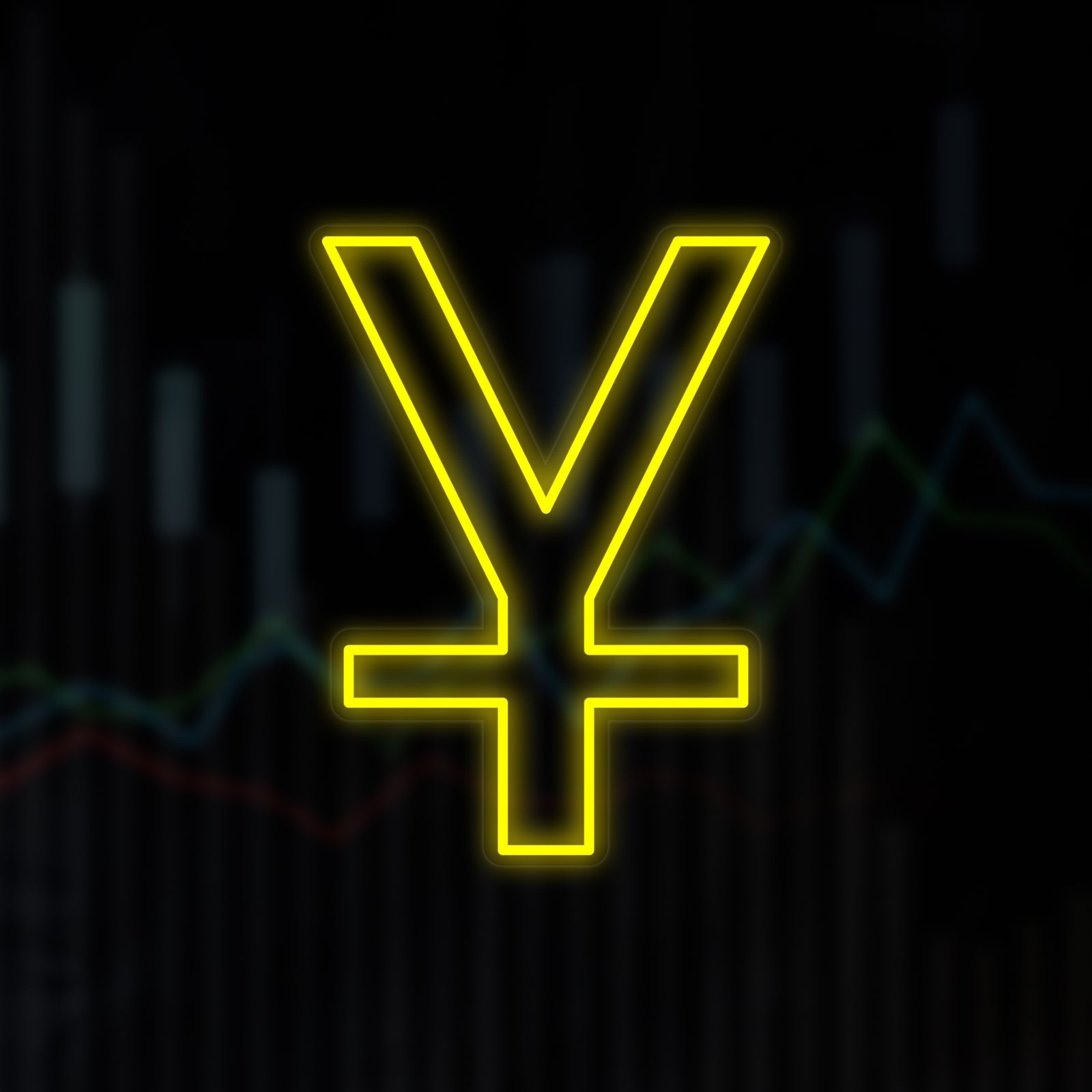 A graphical representation of the Chinese Yuan symbol '¥' appears as a glowing neon sign against a background of digital stock market charts and data, highlighting its connection to finance.