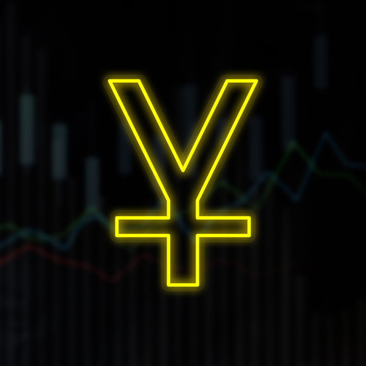 A graphical representation of the Chinese Yuan symbol '¥' appears as a glowing neon sign against a background of digital stock market charts and data, highlighting its connection to finance.