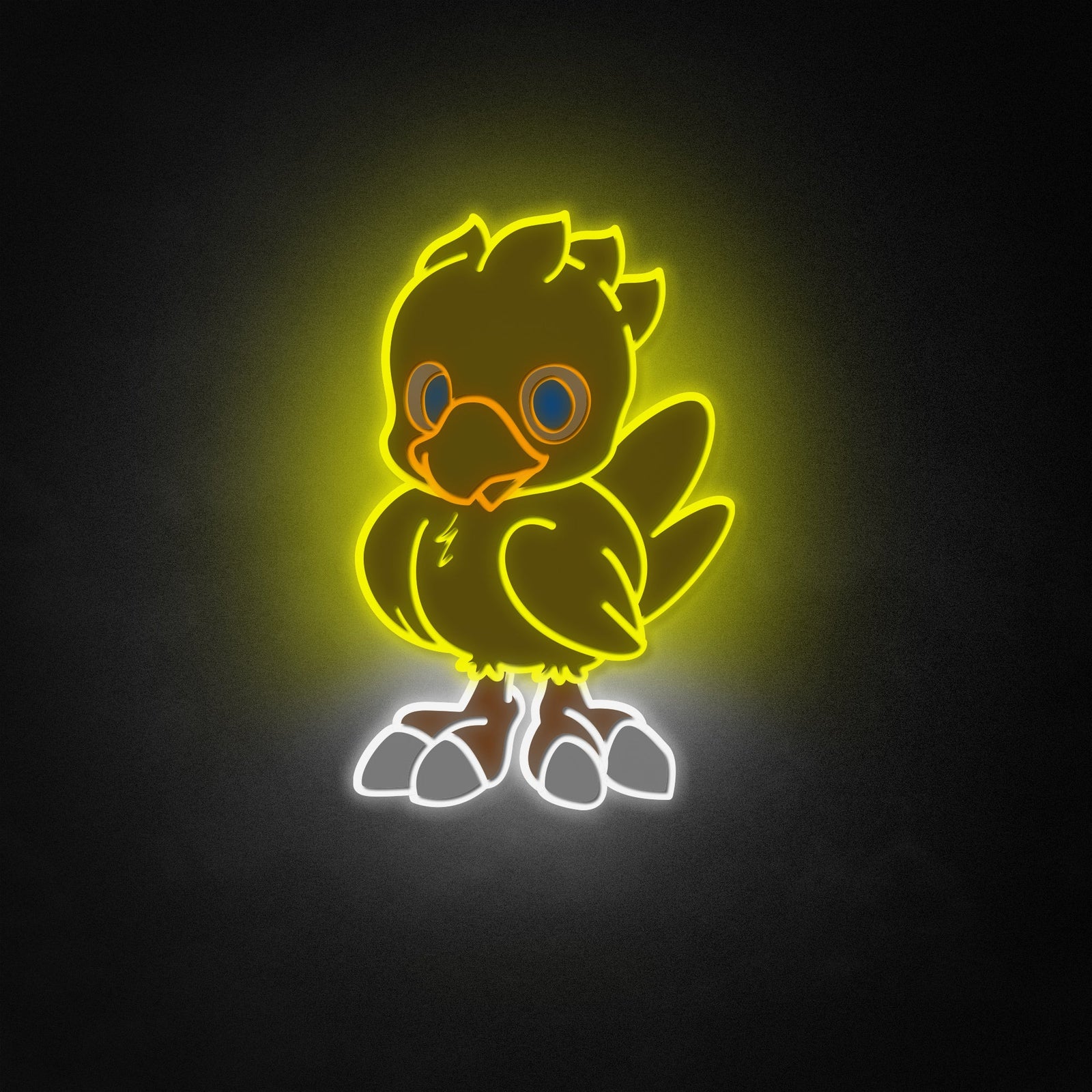 A graphic design of a cute yellow Chocobo with uniform outer neon like outlines, perfect for a decorative sign.