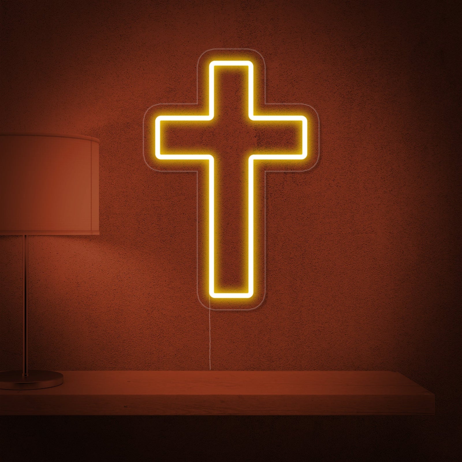 Close-up photograph of a brightly lit Christian Cross Neon Sign featuring white neon tubing on a clear acrylic background.