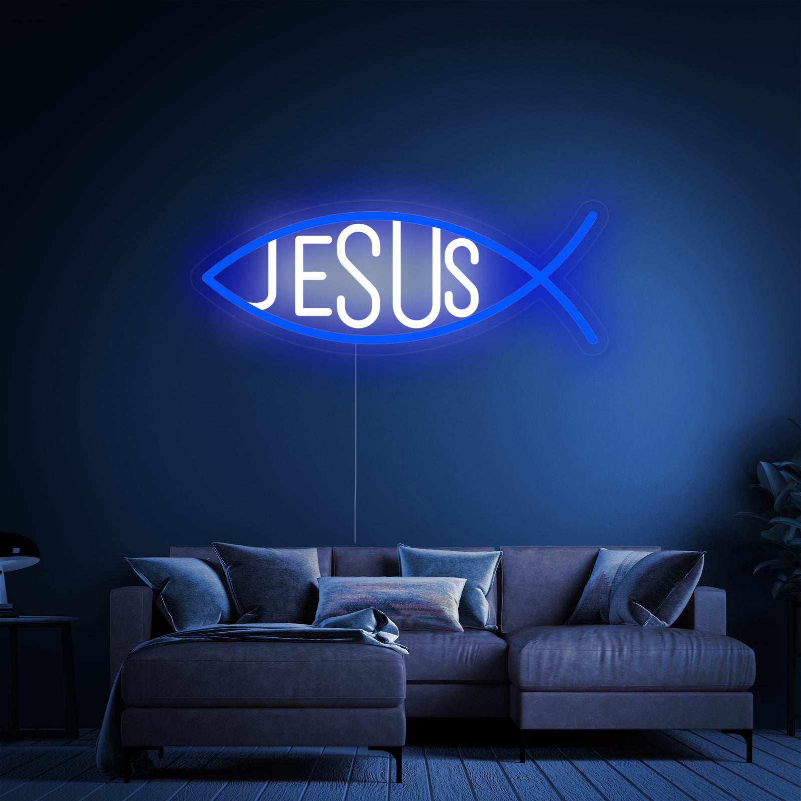 Detailed product rendering of a clear backed Christian Jesus Fish neon sign on a neutral background.