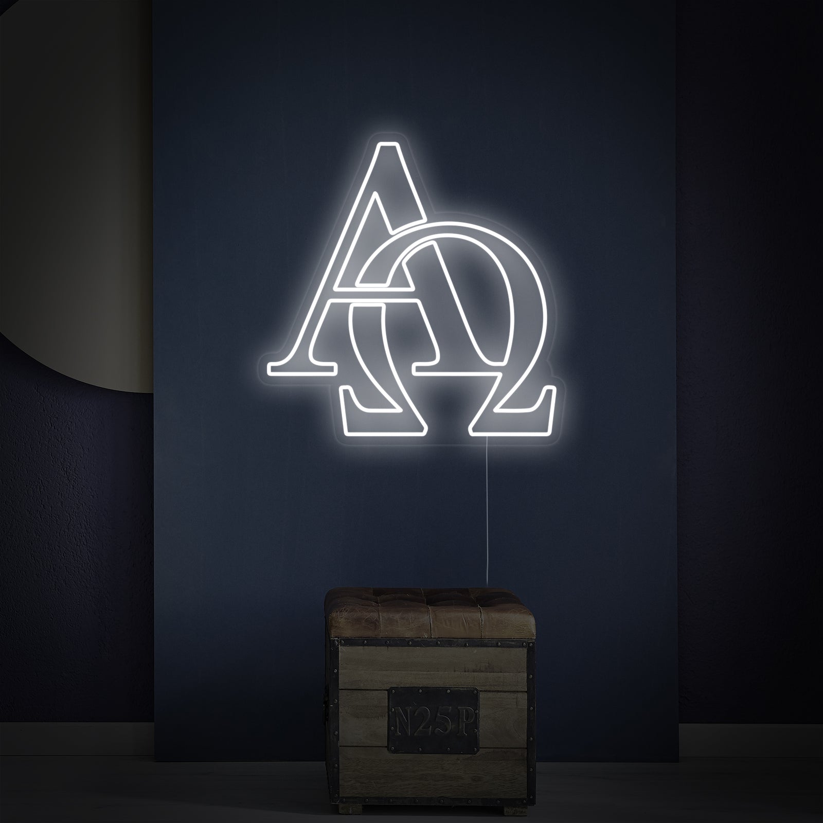 A graphic design mockup of a red glowing neon sign depicting the Christian symbols for Alpha, Omega, and a central cross on a transparent acrylic backing.