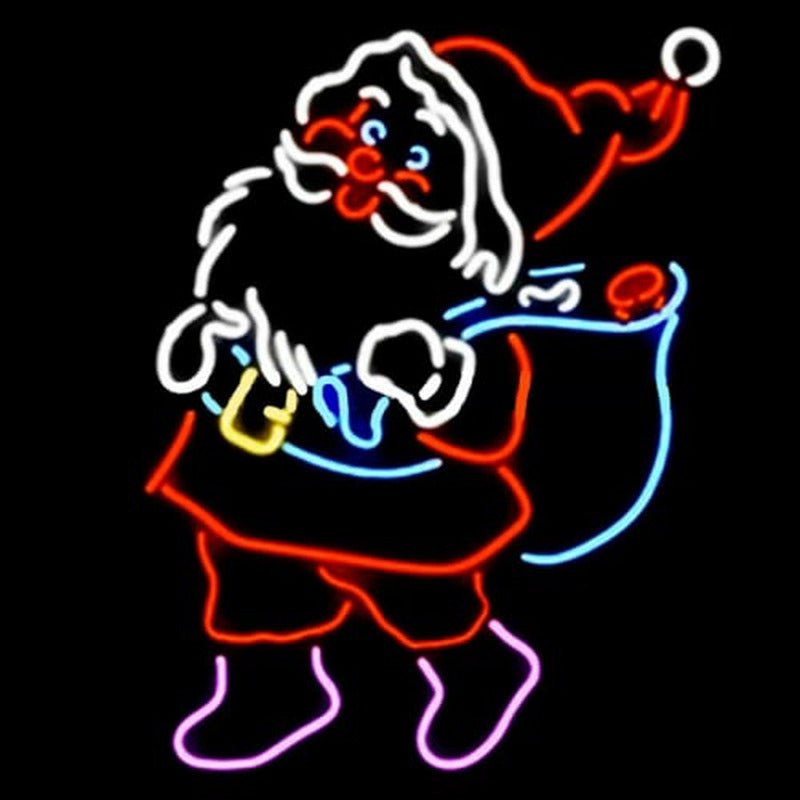 A glowing red and white neon sign shaped like a cheerful Santa Claus face, mounted against a dark wooden wall.