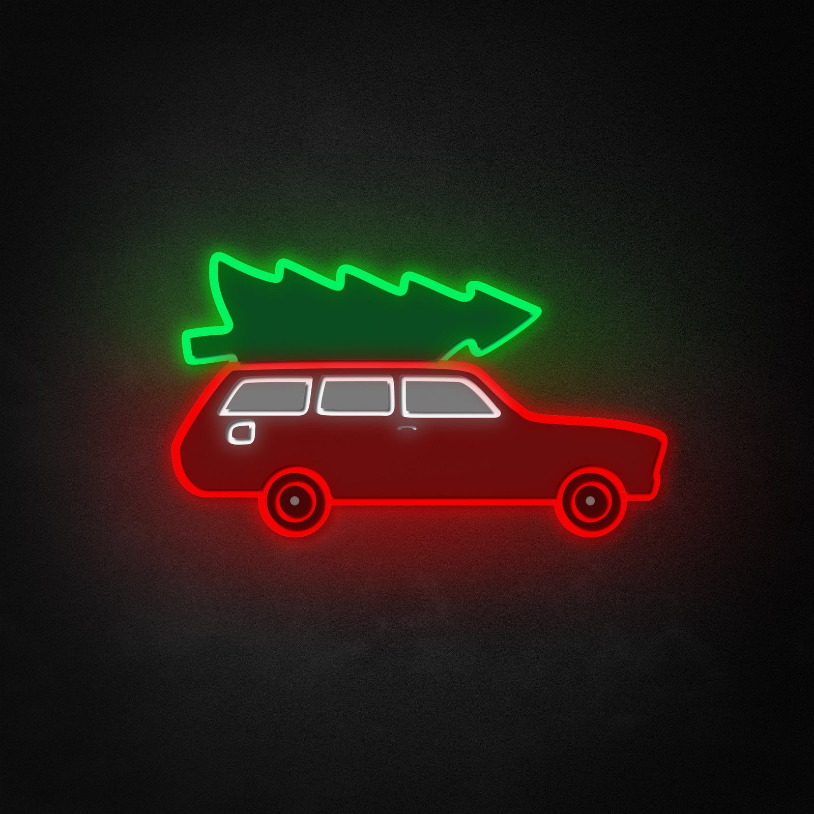 A Christmas Wagon Neon Like sign featuring a red wagon filled with presents and a decorated Christmas tree, glowing with colorful lights.