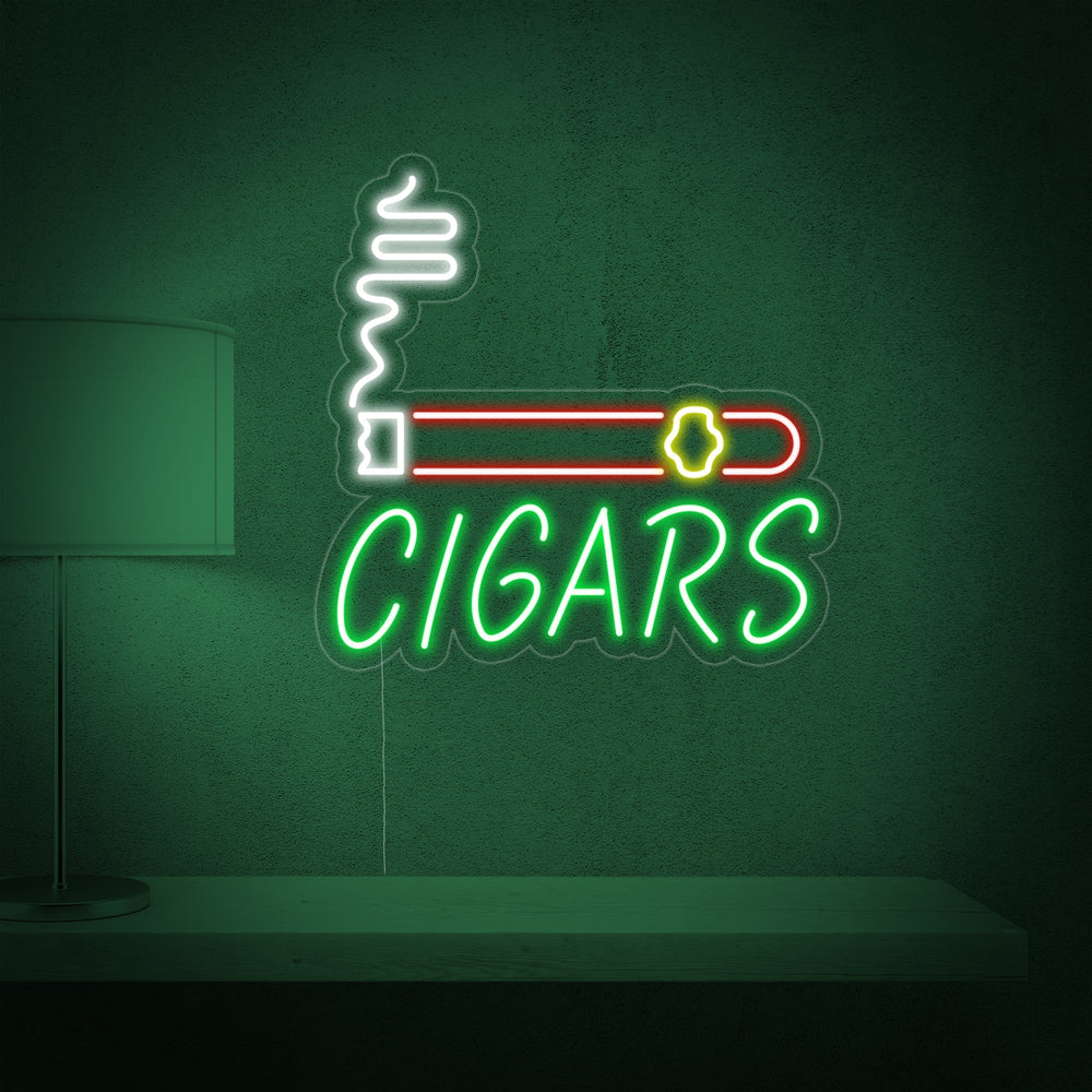A bright blue 'Cigars Shop' neon sign with two stylized glowing cigar graphics on a transparent acrylic backer.