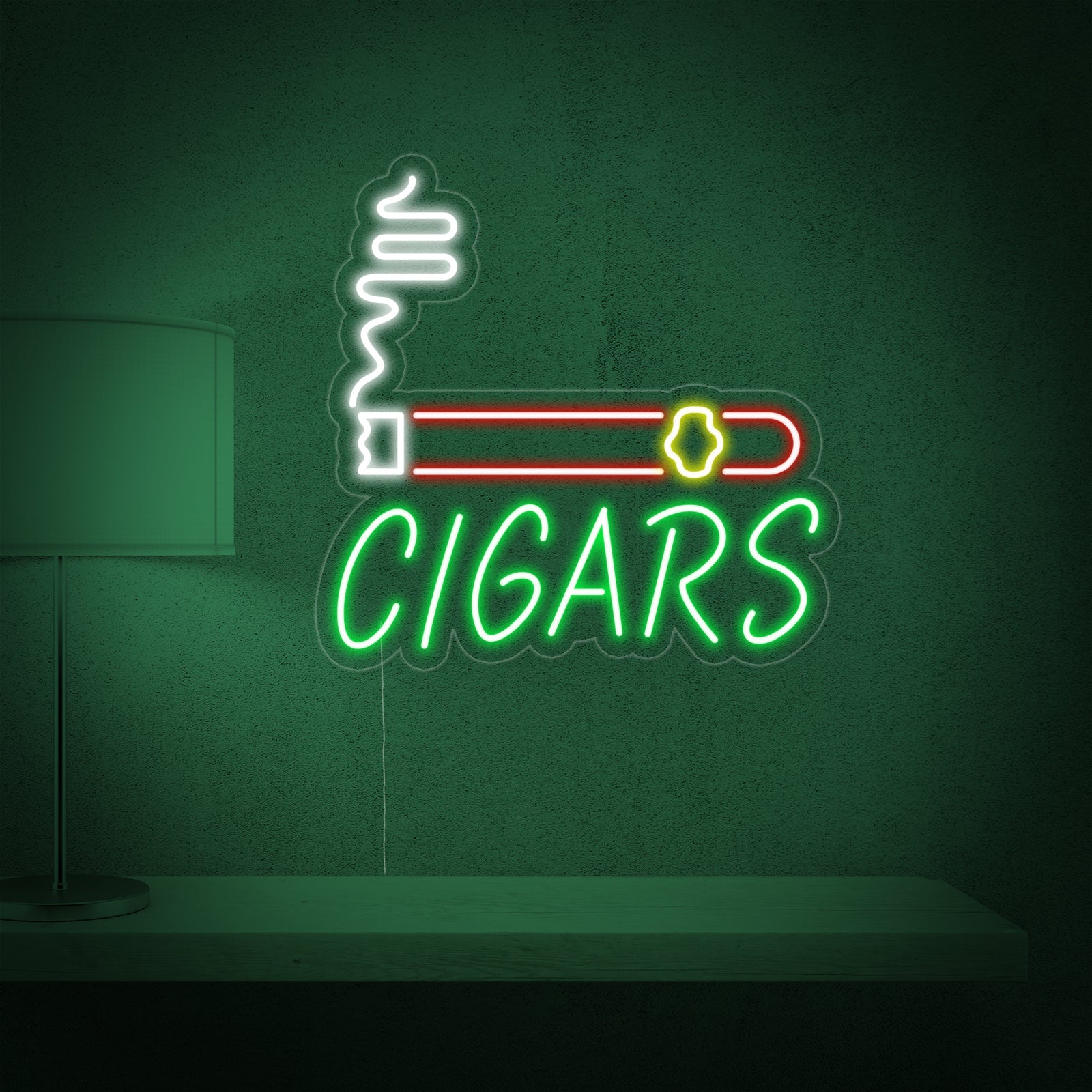 A bright blue 'Cigars Shop' neon sign with two stylized glowing cigar graphics on a transparent acrylic backer.