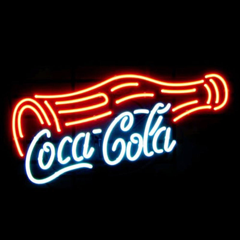 A close-up shot of the Coca-Cola script neon sign highlighting the details of the glowing tubing.