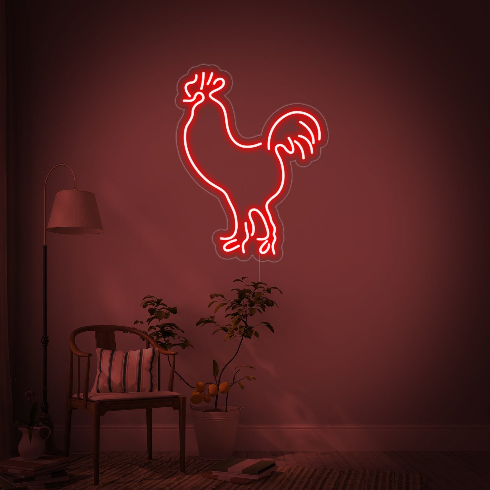 An eye-catching rooster-shaped neon sign, featuring bright white outlines and a red comb, mounted on a rustic wood panel wall.