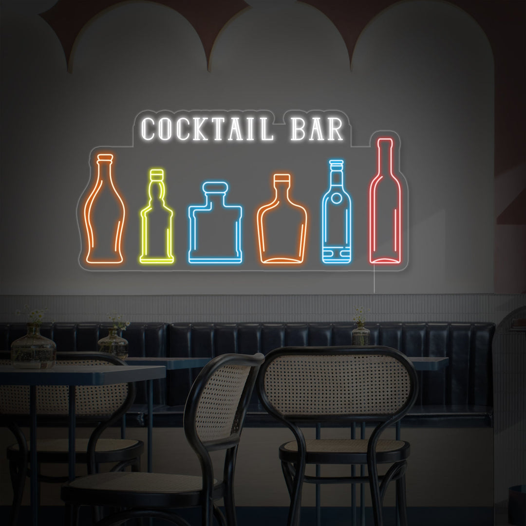 "Cocktail Bar Bottles of Whiskey Wine Tequila Champagne Cognac Rum Bourbon" Neon Sign