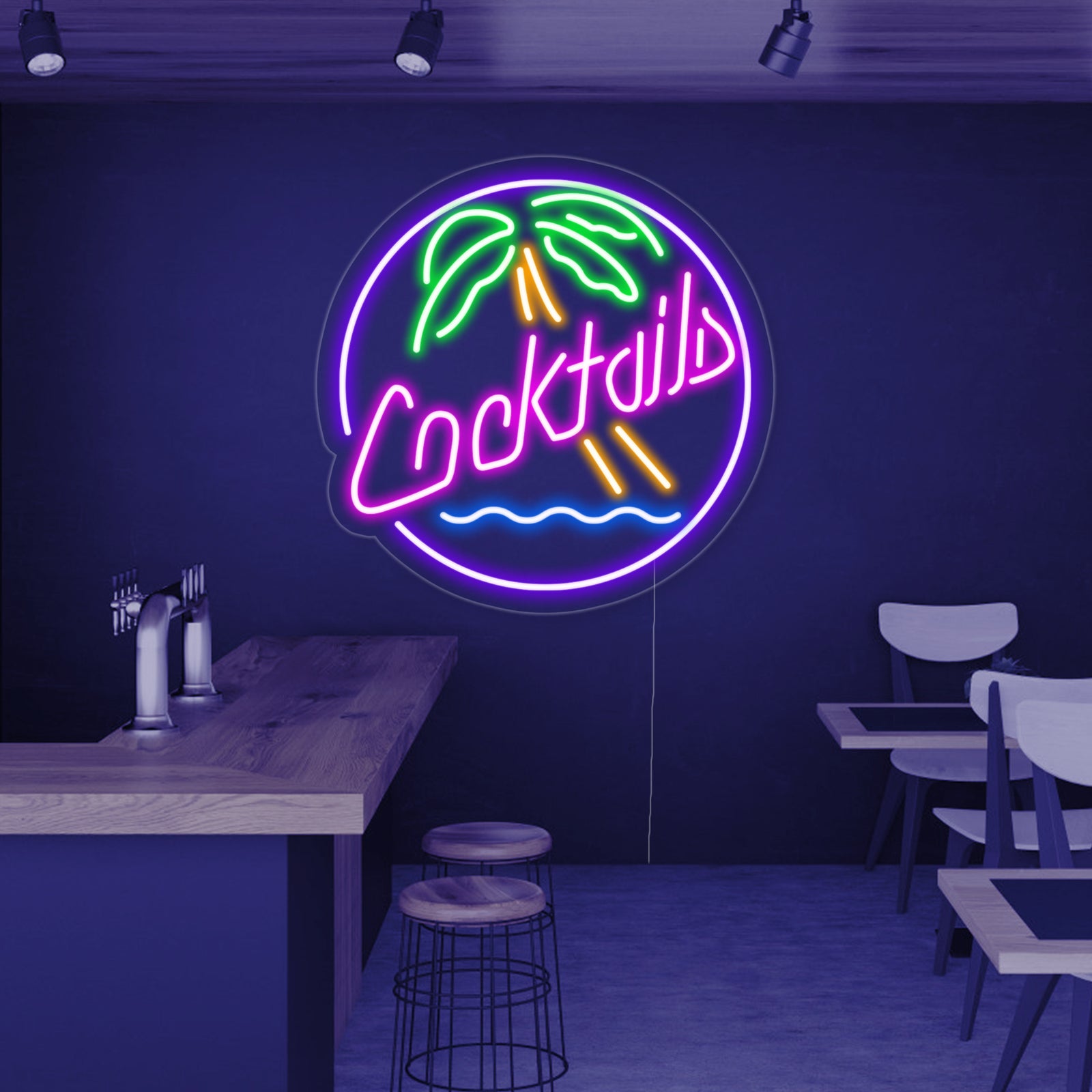 Detailed rendering of a 'Cocktails' neon sign with pink tubing and blue underline against a blurred tropical beach background at sunset.