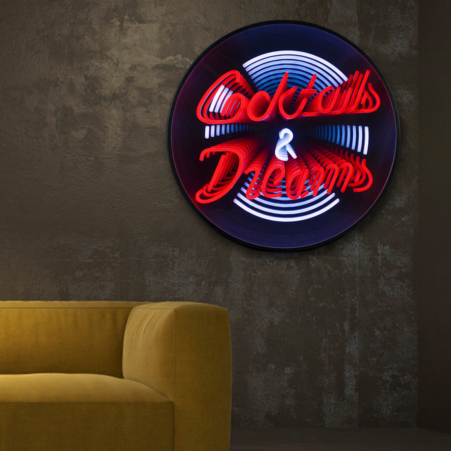 A clean visualization of the Cocktails Dreams 3D infinity neon sign design on a wall.
