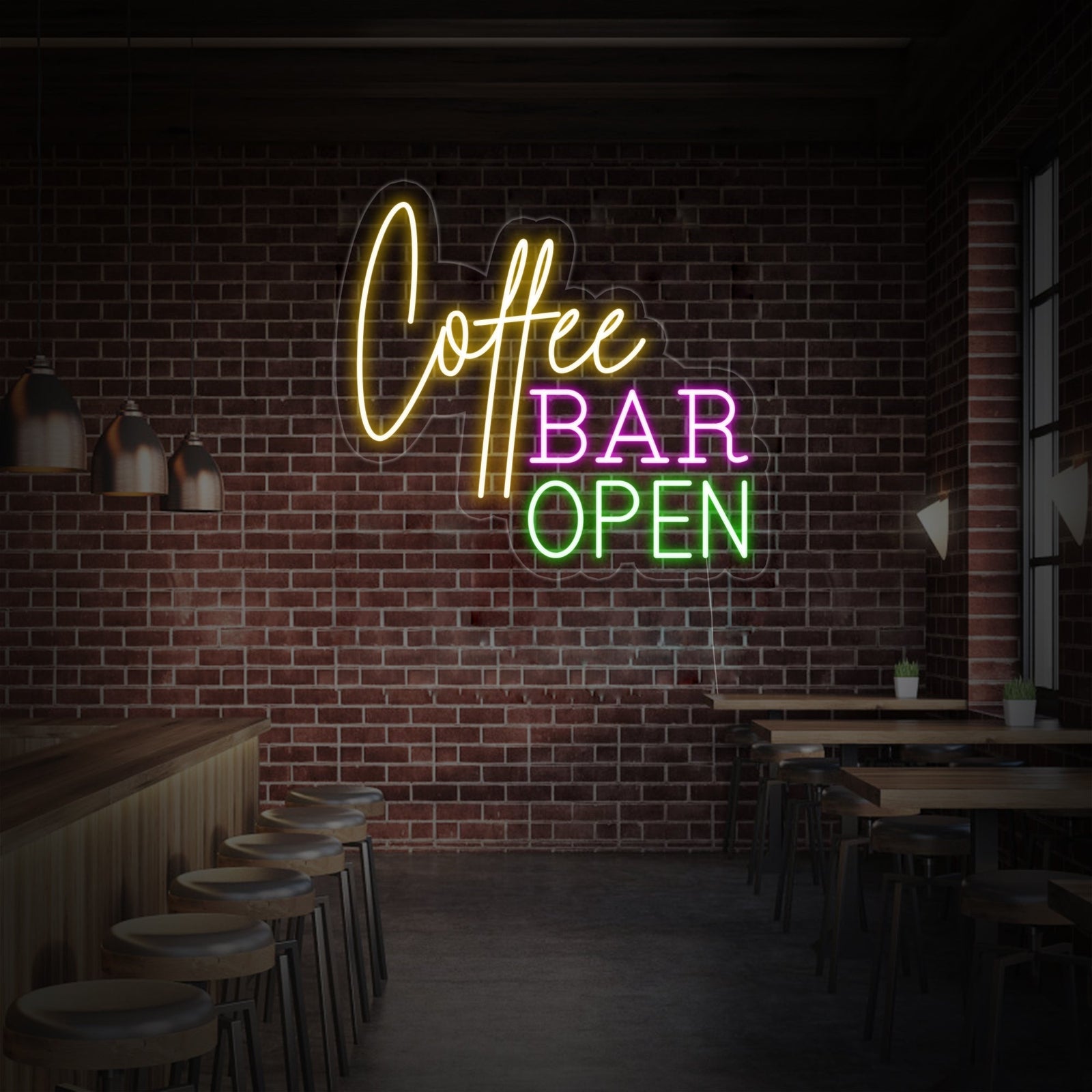 A stylish white Coffee Bar Open neon sign providing a warm glow in a rustic-chic cafe environment.