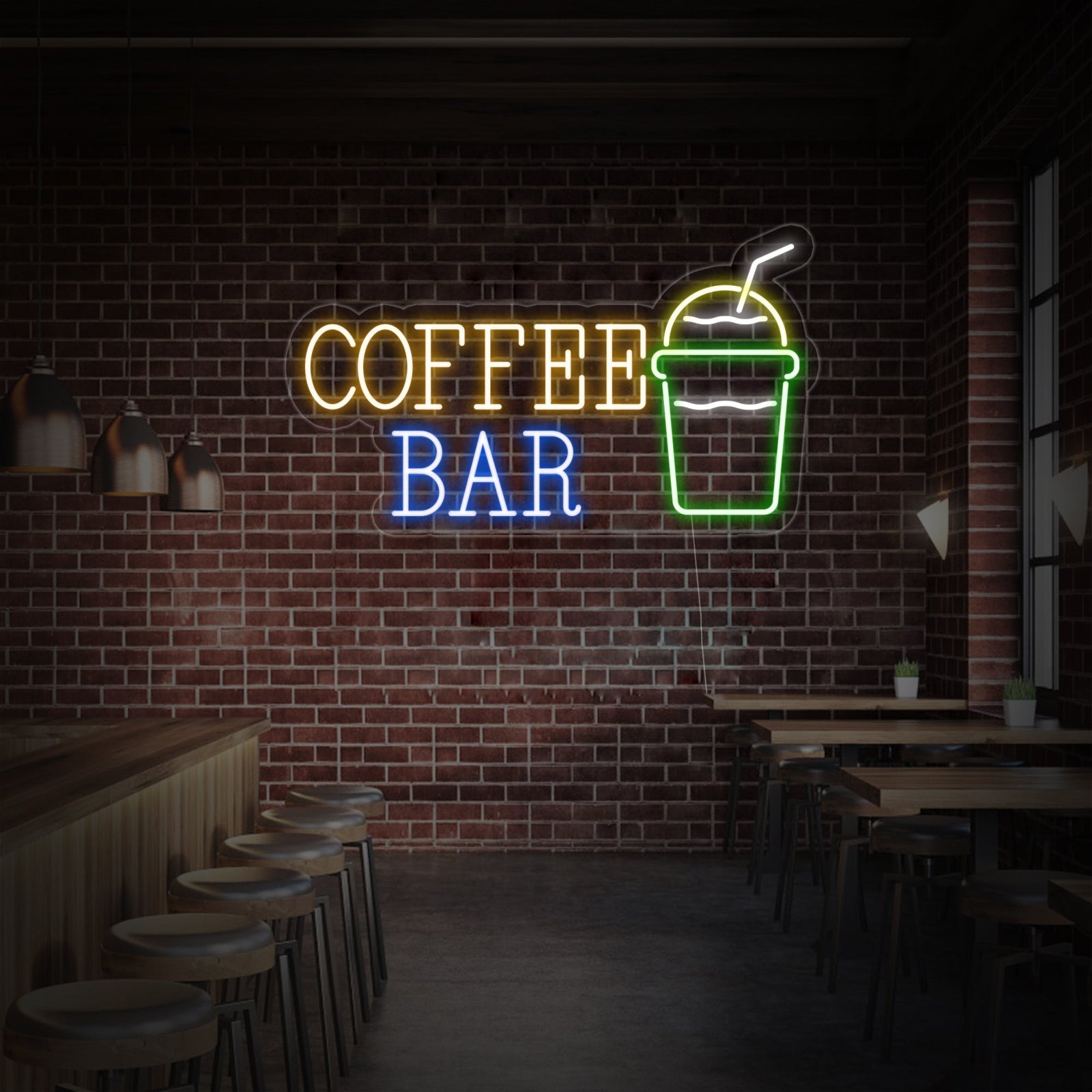 Close-up view of the 'Coffee Bar with Coffee Cup' neon sign, showcasing the clear acrylic backing, neat wiring, and the detailed design of the lettering and coffee cup graphic.