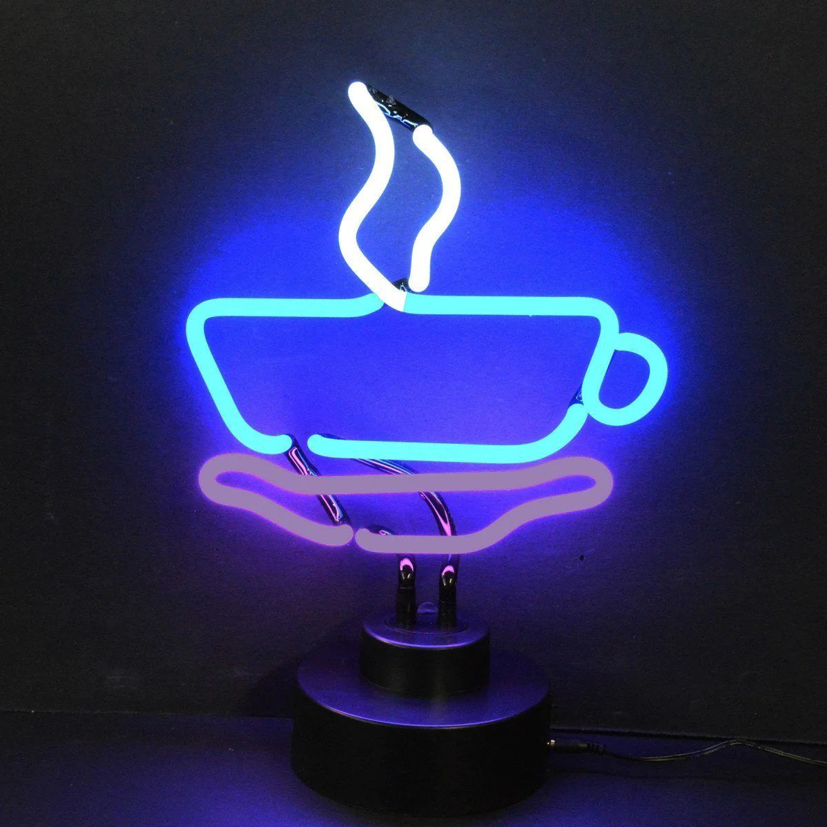 A purple illuminated neon sign in the shape of a coffee cup with swirling steam, sitting on a wooden surface.
