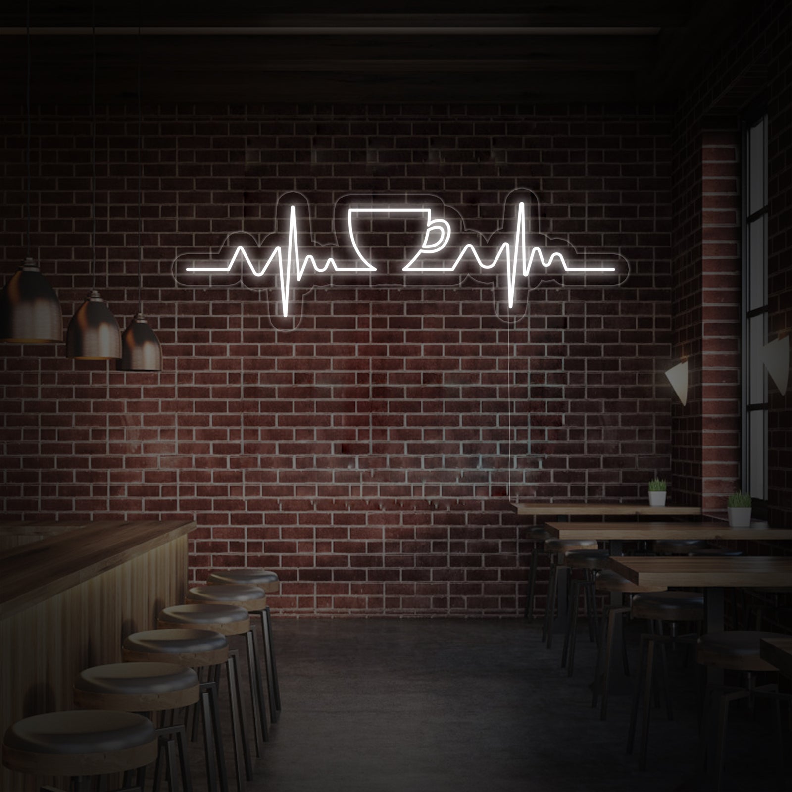 The Coffee Heartbeat neon sign design shown in a close-up against a clean white background, highlighting the glowing red coffee mug outline and the heartbeat pulse line on a clear acrylic backboard.