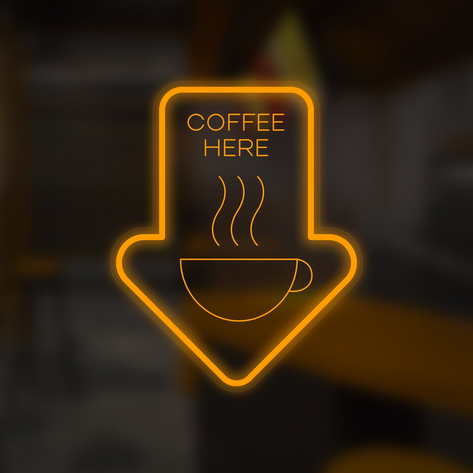 A glowing 'Coffee Here' mini neon sign on a clear acrylic backing, featuring a circular design with a coffee cup and the words 'Coffee Here' and 'EST. 2023' with 3D carving details.