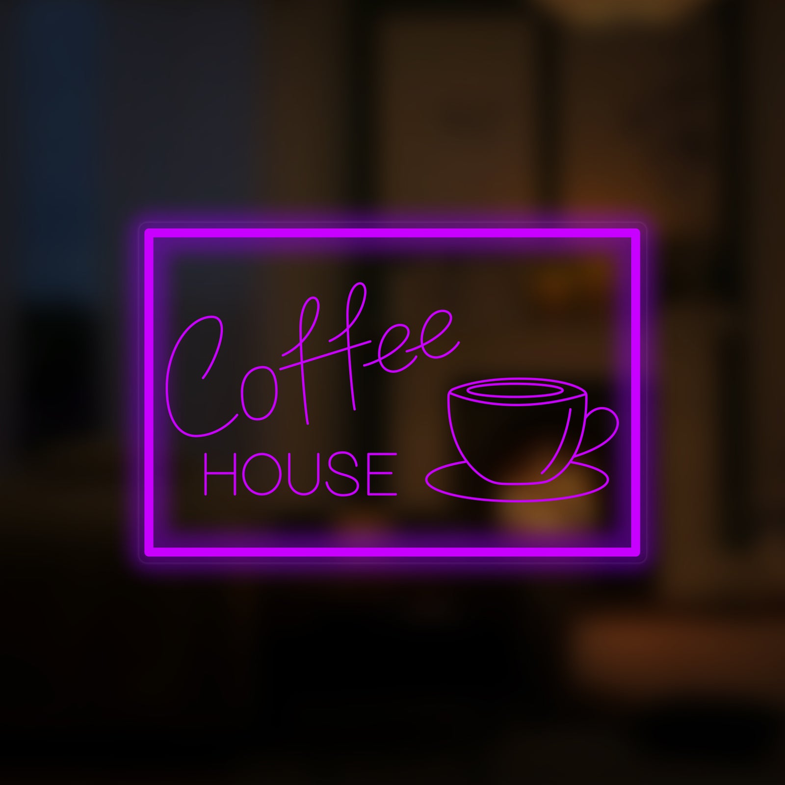 A glowing Coffee House neon sign in warm white light, displayed against a soft blurred background.