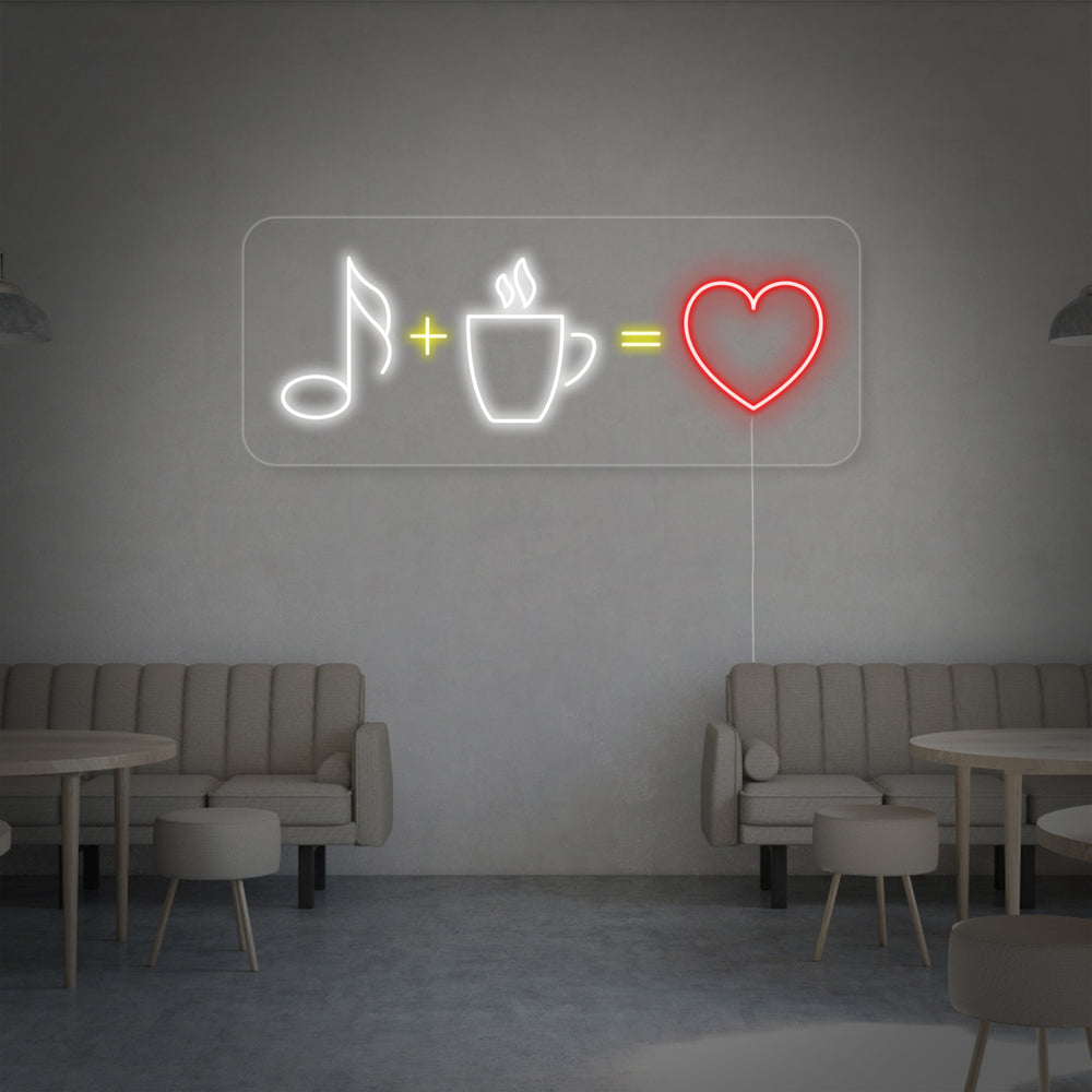 Close-up photograph of a custom 'Coffee Music Love' neon sign. The sign is illuminated, featuring clear, glowing tubing and wiring detail, mounted in a cafe environment.