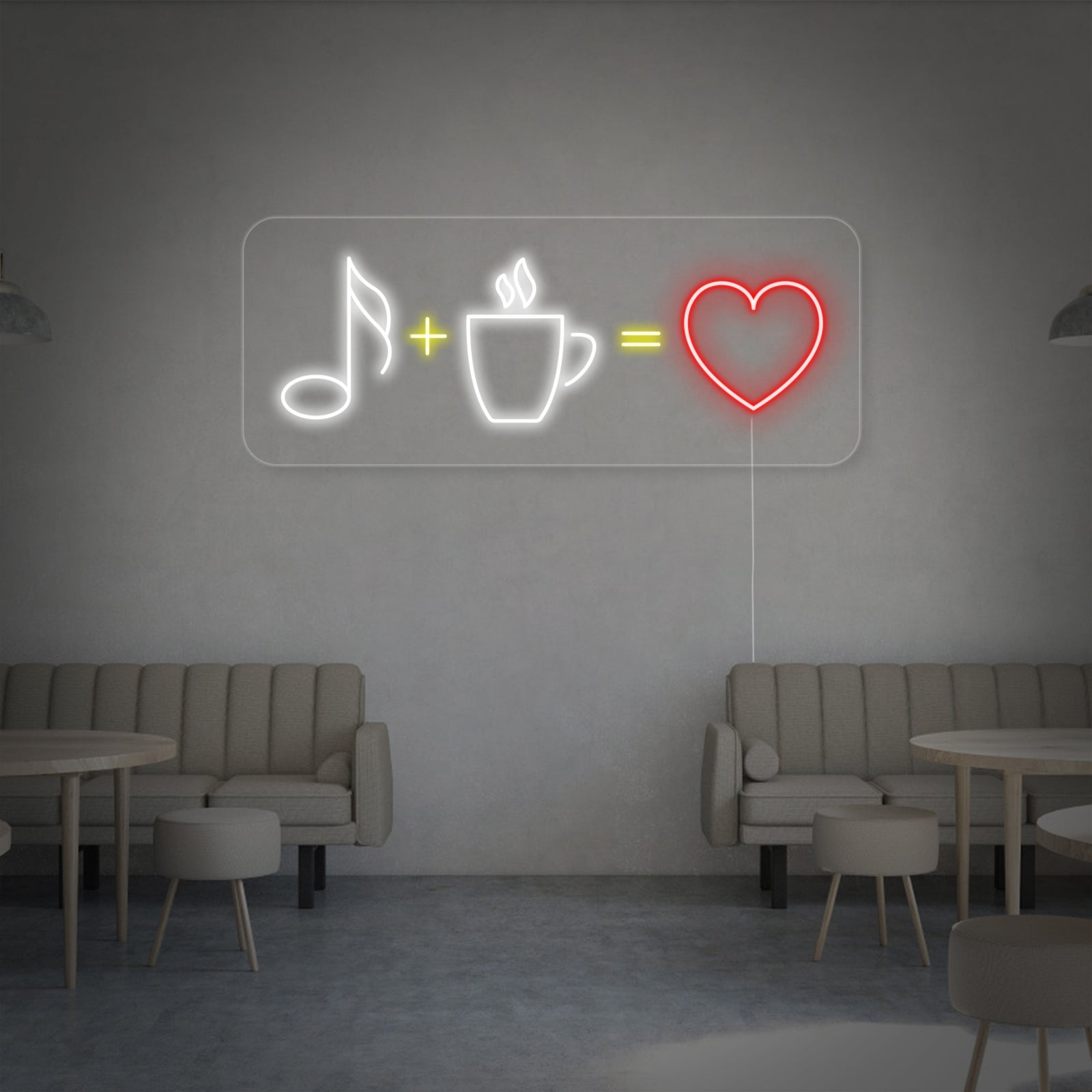 Close-up photograph of a custom 'Coffee Music Love' neon sign. The sign is illuminated, featuring clear, glowing tubing and wiring detail, mounted in a cafe environment.
