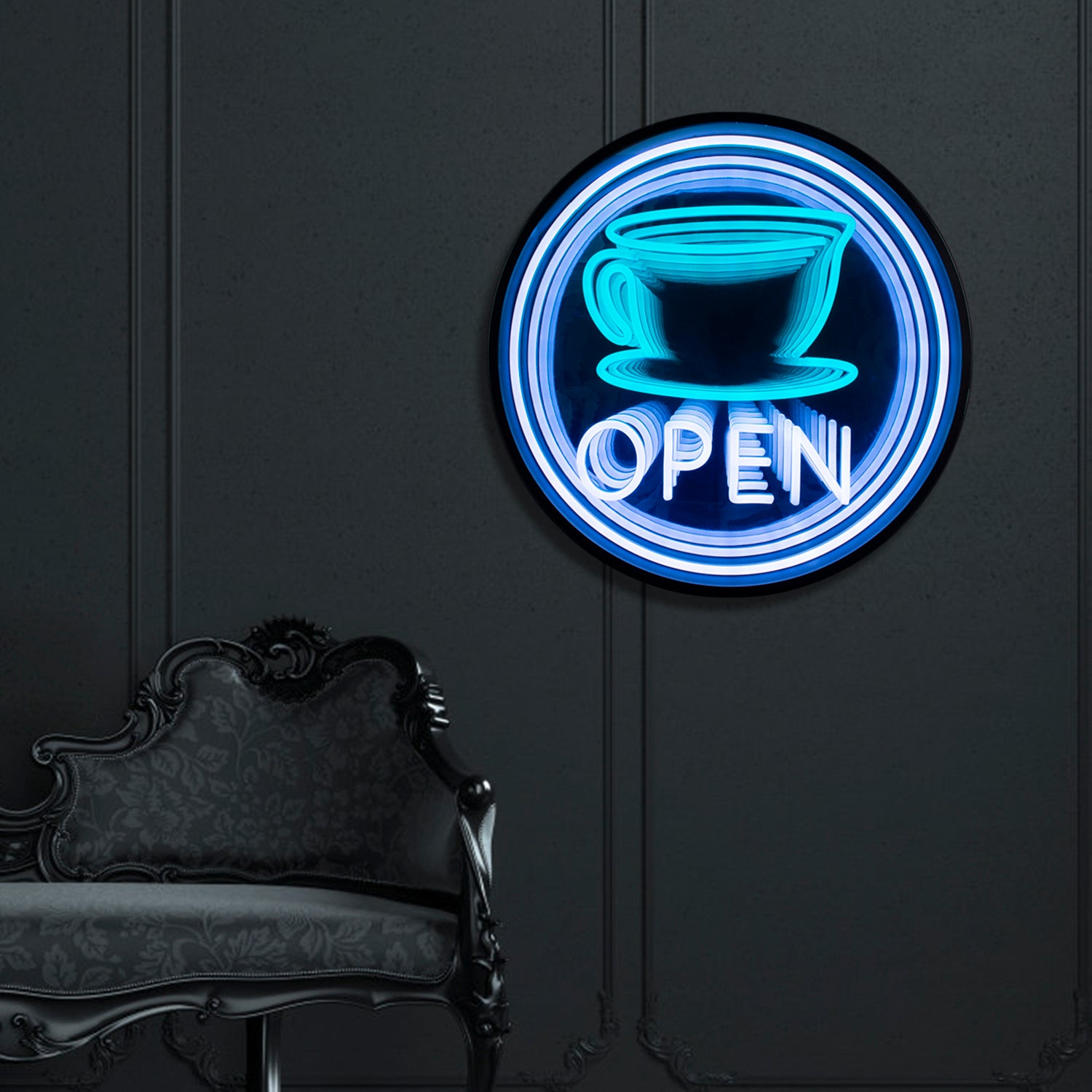 The 'Coffee Open' 3D infinity neon sign shown as a conceptual design in a stylized styled coffee shop setting.