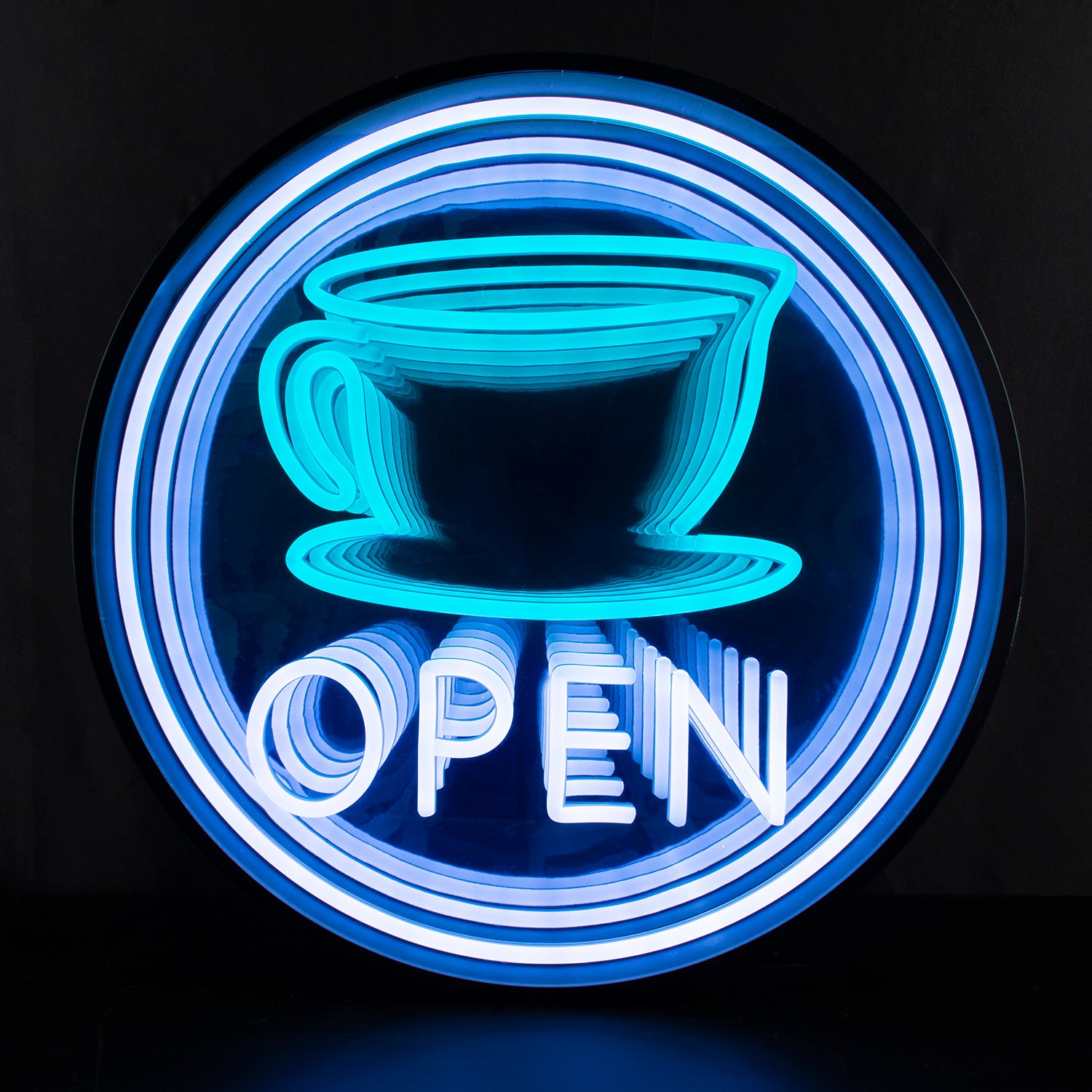 A physical 'Coffee Open' 3D infinity neon sign with real LED and neon tube elements and complex reflections against a dark background.