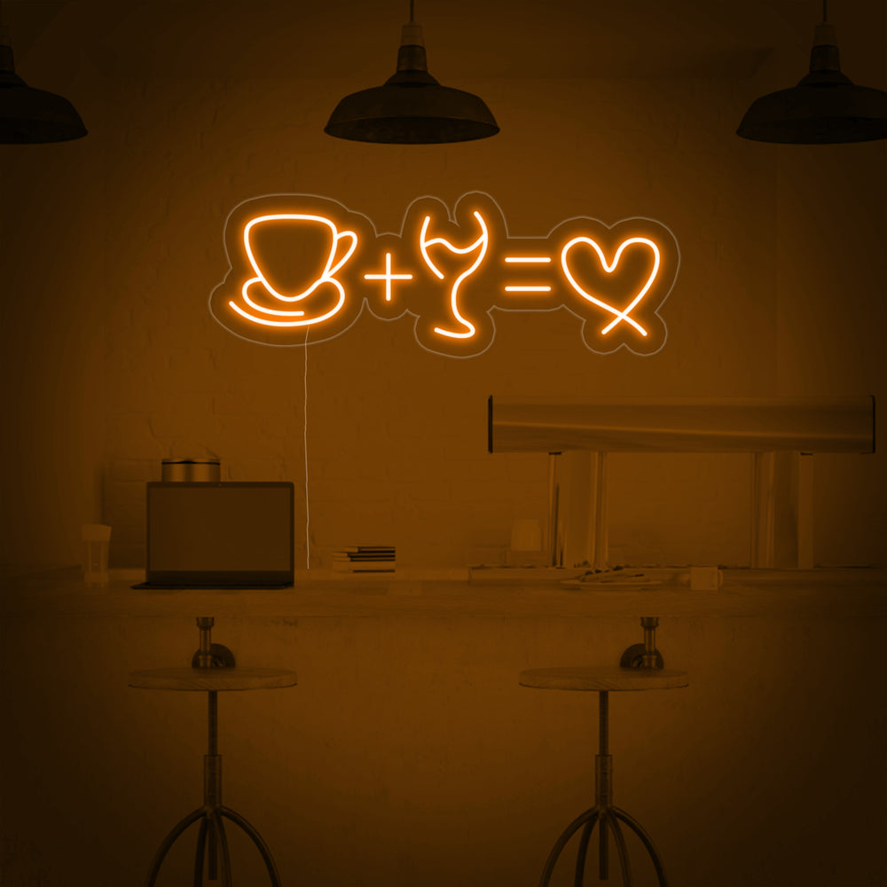 The 'Coffee & Wine' neon sign text and details on an acrylic backing are depicted in this closer, slightly angled view of the neon sign.