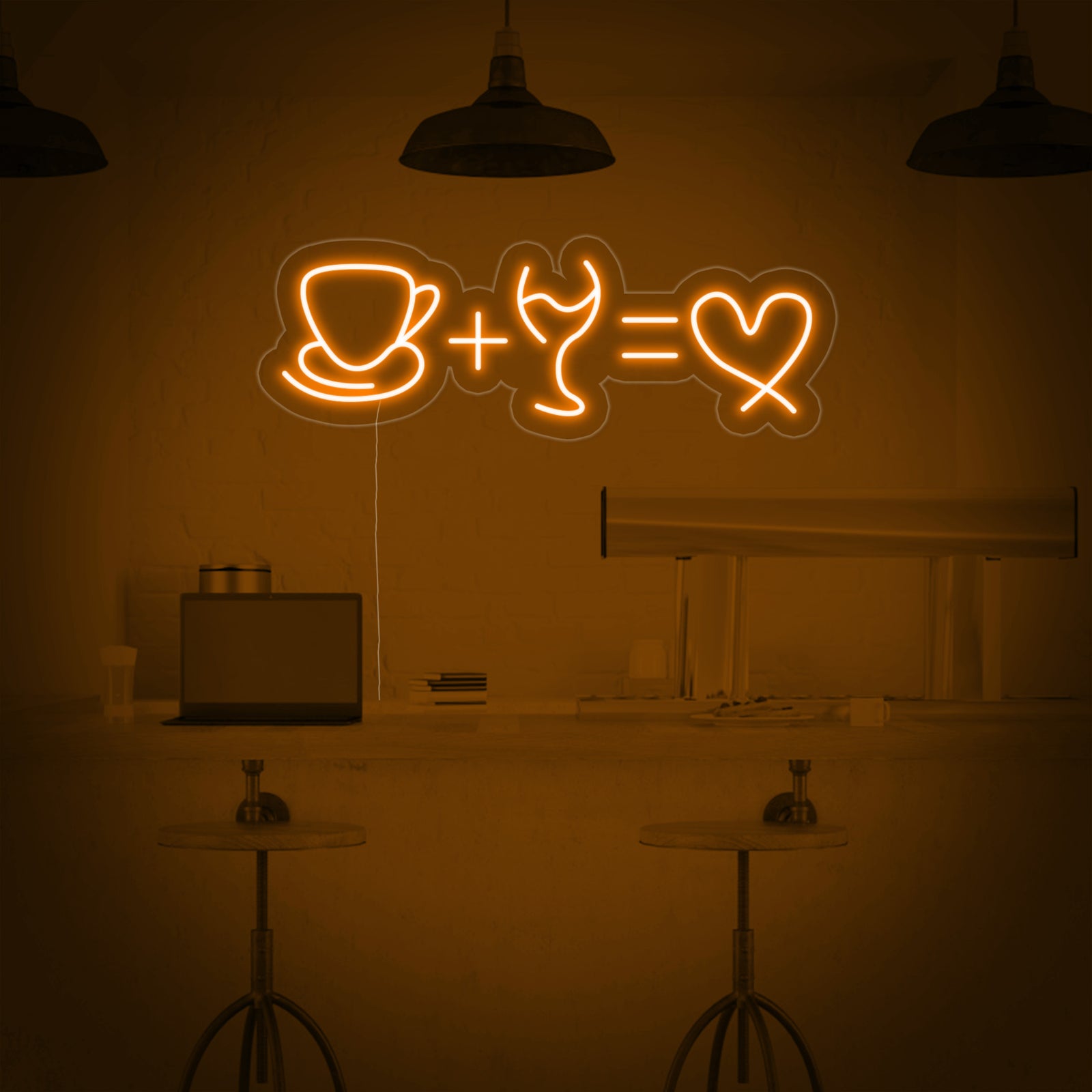 The 'Coffee & Wine' neon sign text and details on an acrylic backing are depicted in this closer, slightly angled view of the neon sign.