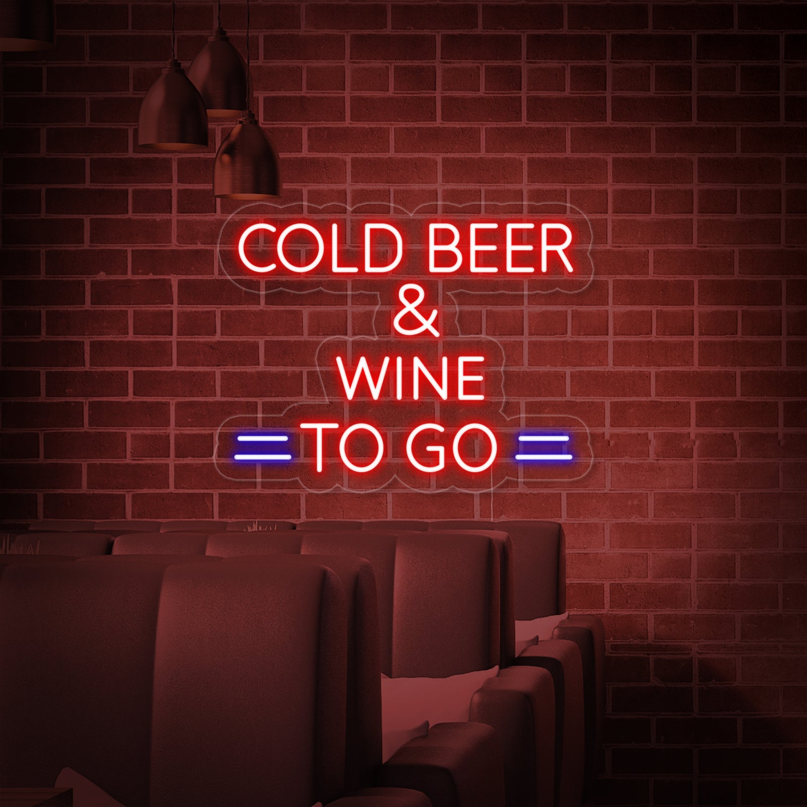 The Cold Beer And Wine To Go neon sign displayed on a white brick wall above a bar counter, featuring clear and blue neon lights.