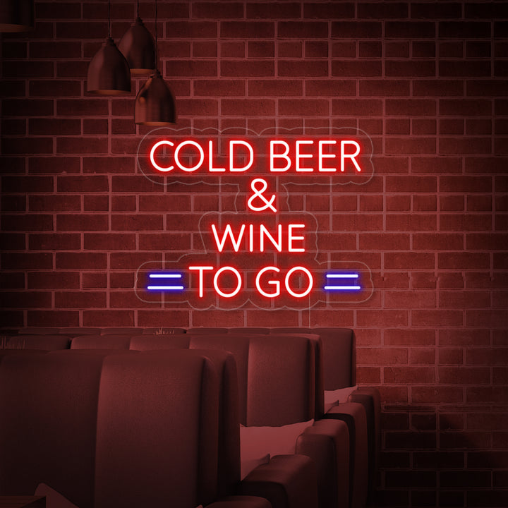 The Cold Beer And Wine To Go neon sign displayed on a white brick wall above a bar counter, featuring clear and blue neon lights.