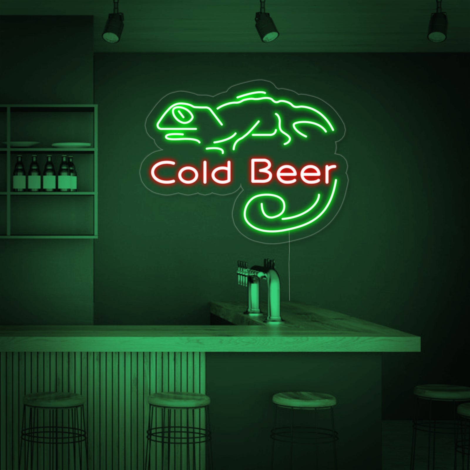Graphic artwork of a blue 'COLD BEER' neon sign with an orange lizard holding a bottle, shown on a neutral background with mounting details.