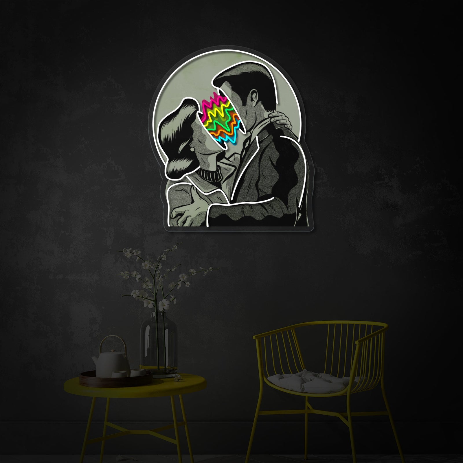 Stylized illustration of a couple kissing rendered in a retro UV print style with integrated bright neon tubing accents.