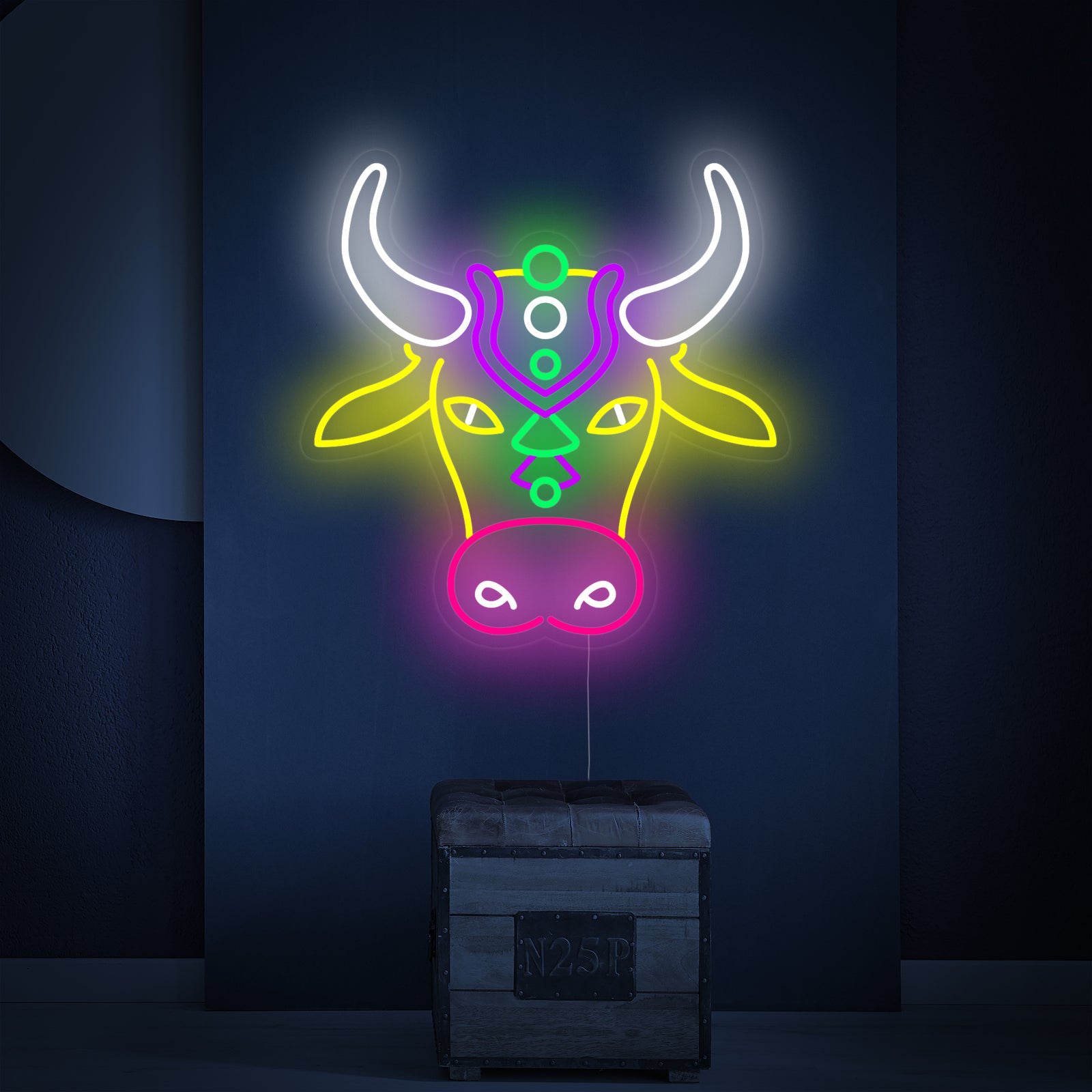 Close-up detail of the Colorful Bull neon sign showing the vibrant colored tubes mounted on a clear backboard against a dark surface