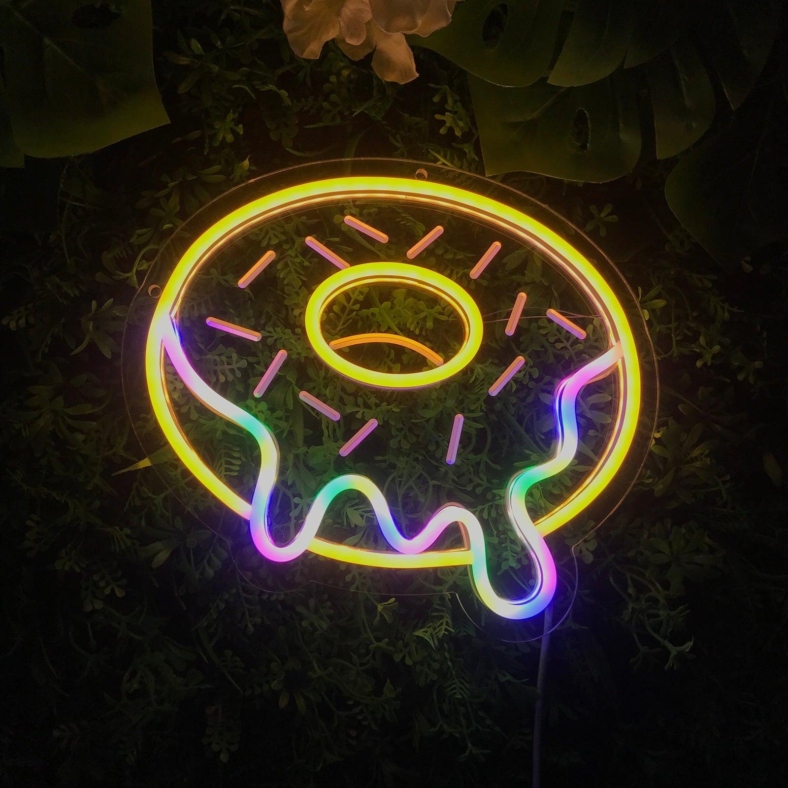 A close-up view of a physical colorful donut mini neon sign mounted on a dark green leafy wall, showing the bright rainbow sprinkles and clear acrylic backing.