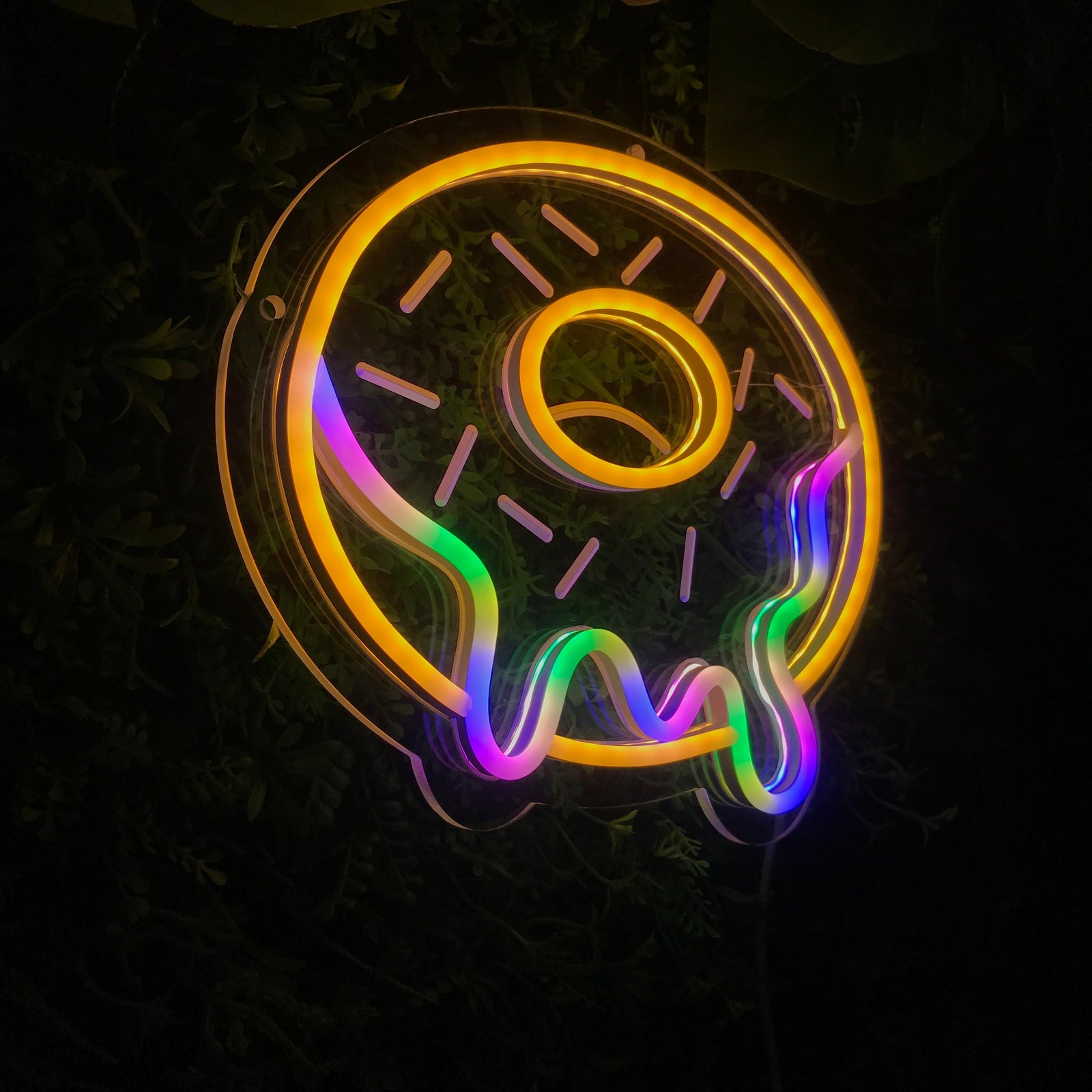 A slightly angled photograph of a real glowing colorful donut mini neon sign against a dark textured foliage background.