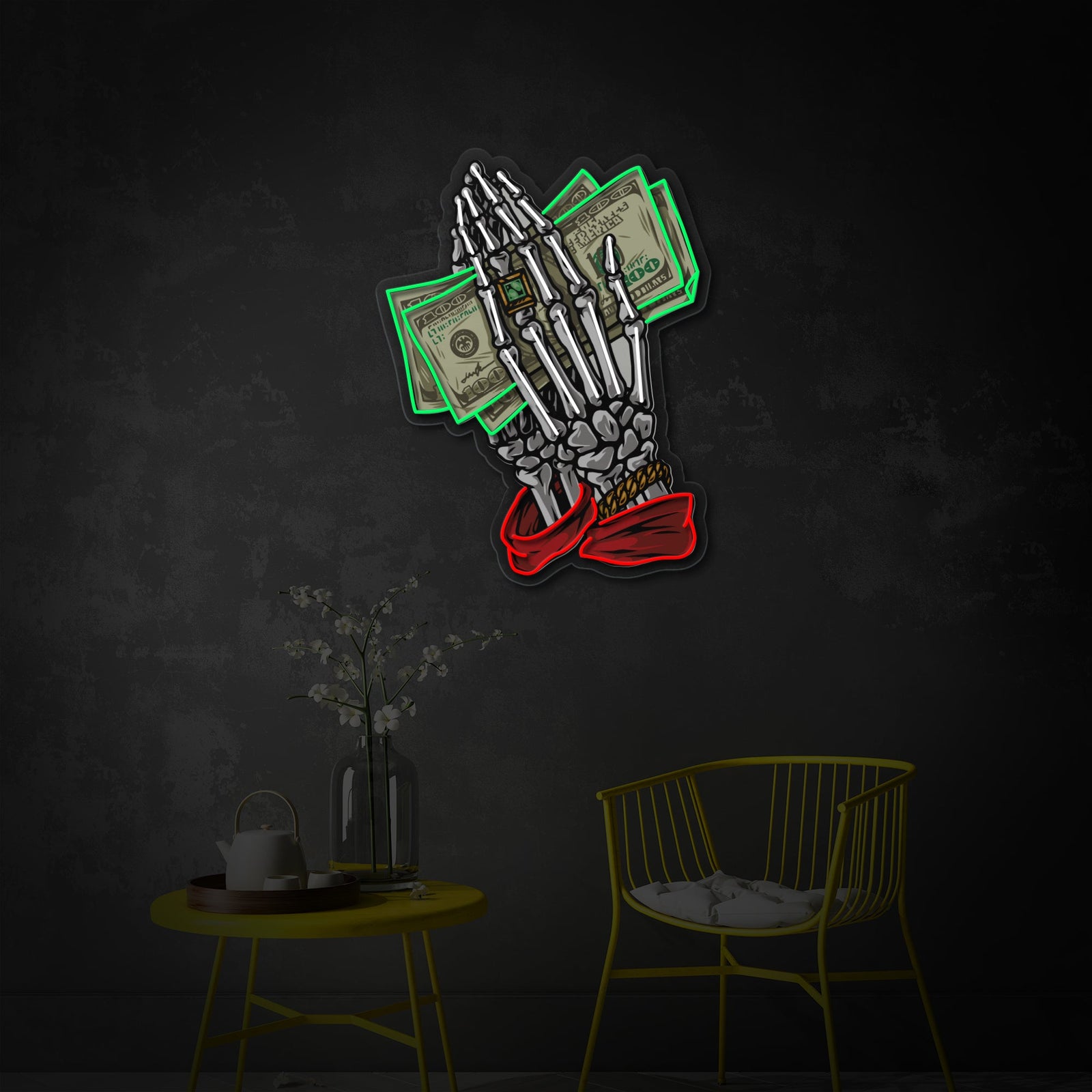 A close-up view of the intricate details on the UV printed neon sign featuring skeleton hands holding money, glowing in a stylish interior space.