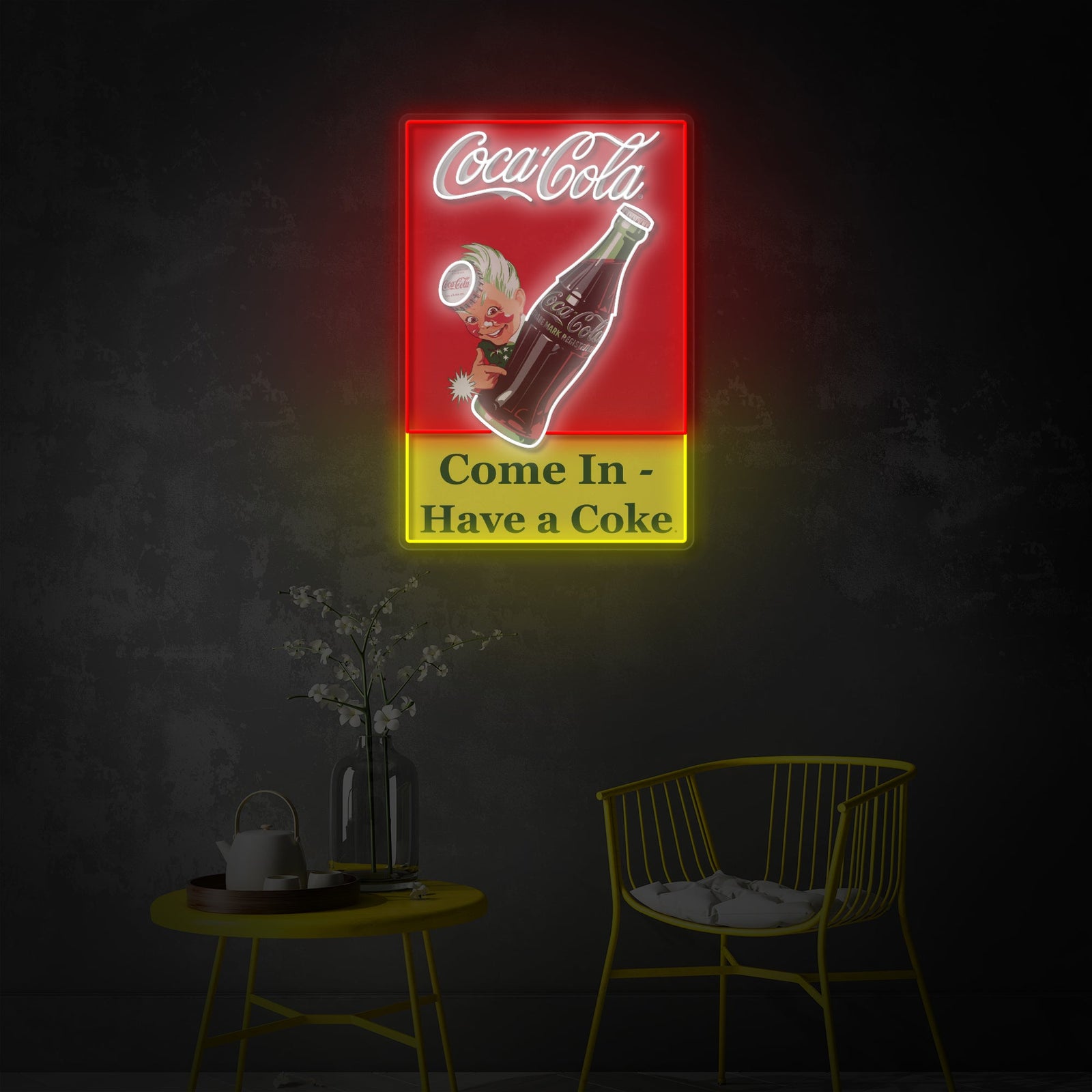 A staged mockup photo of a 'Come In Have A Coke' graphic style glowing sign over a modern seating area in an urban loft setting.