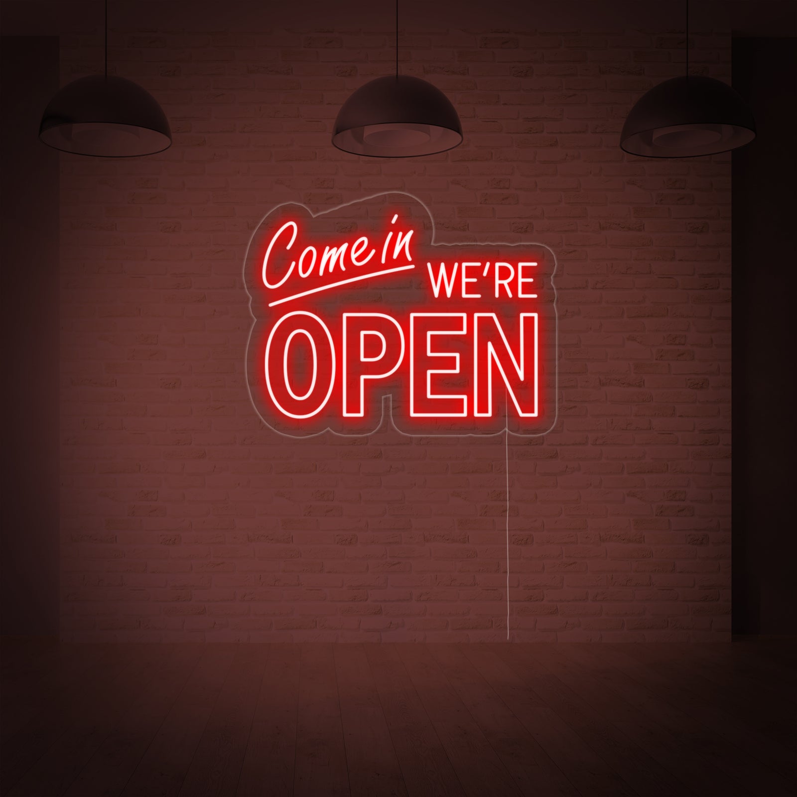 The 'Come in We are Open' neon sign displayed against a neutral background, highlighting its script and logic board design.