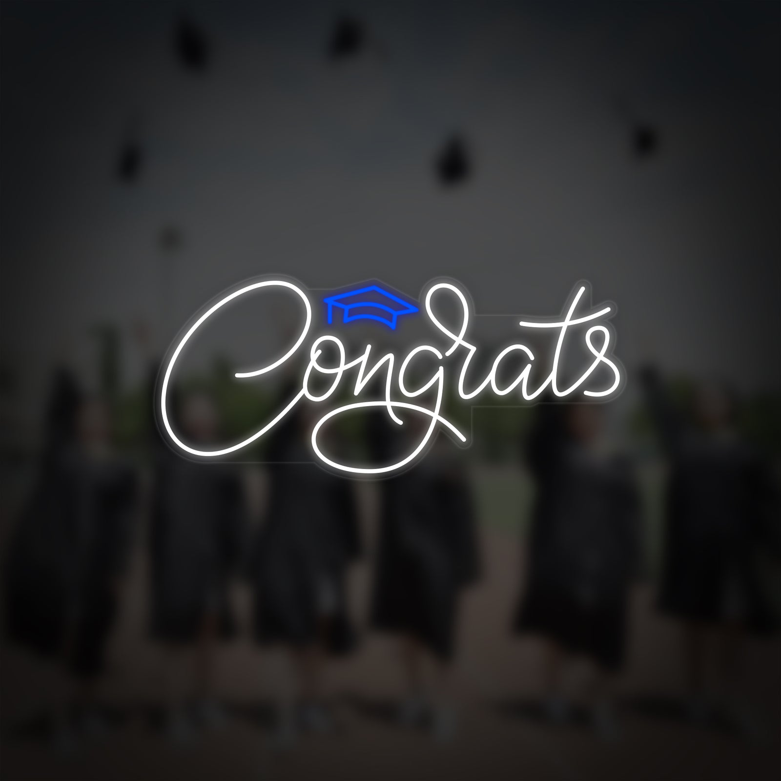 A clean, detailed product shot of the "Congrats" neon sign, showing its shape and clarity against a blurred celebratory background.