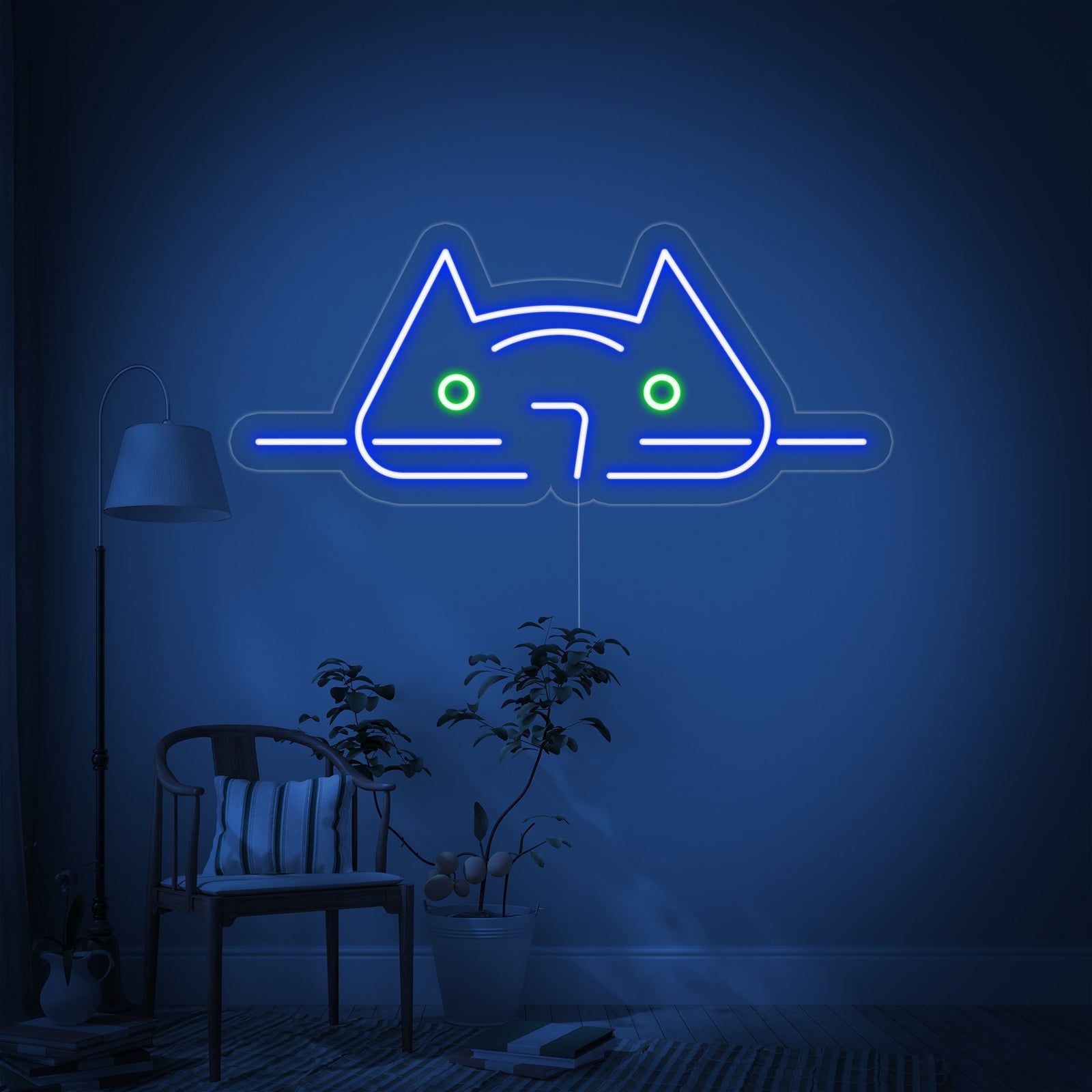 A glowing blue 'Cool Cat' neon sign, mounted on a clear backer, shown against a simple, textured background.