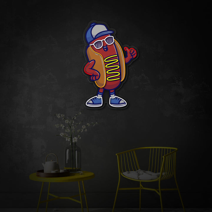 "Cool Hotdog Wearing Glasses And Hat, Food, Restaurant" UV Print LED Neon Sign