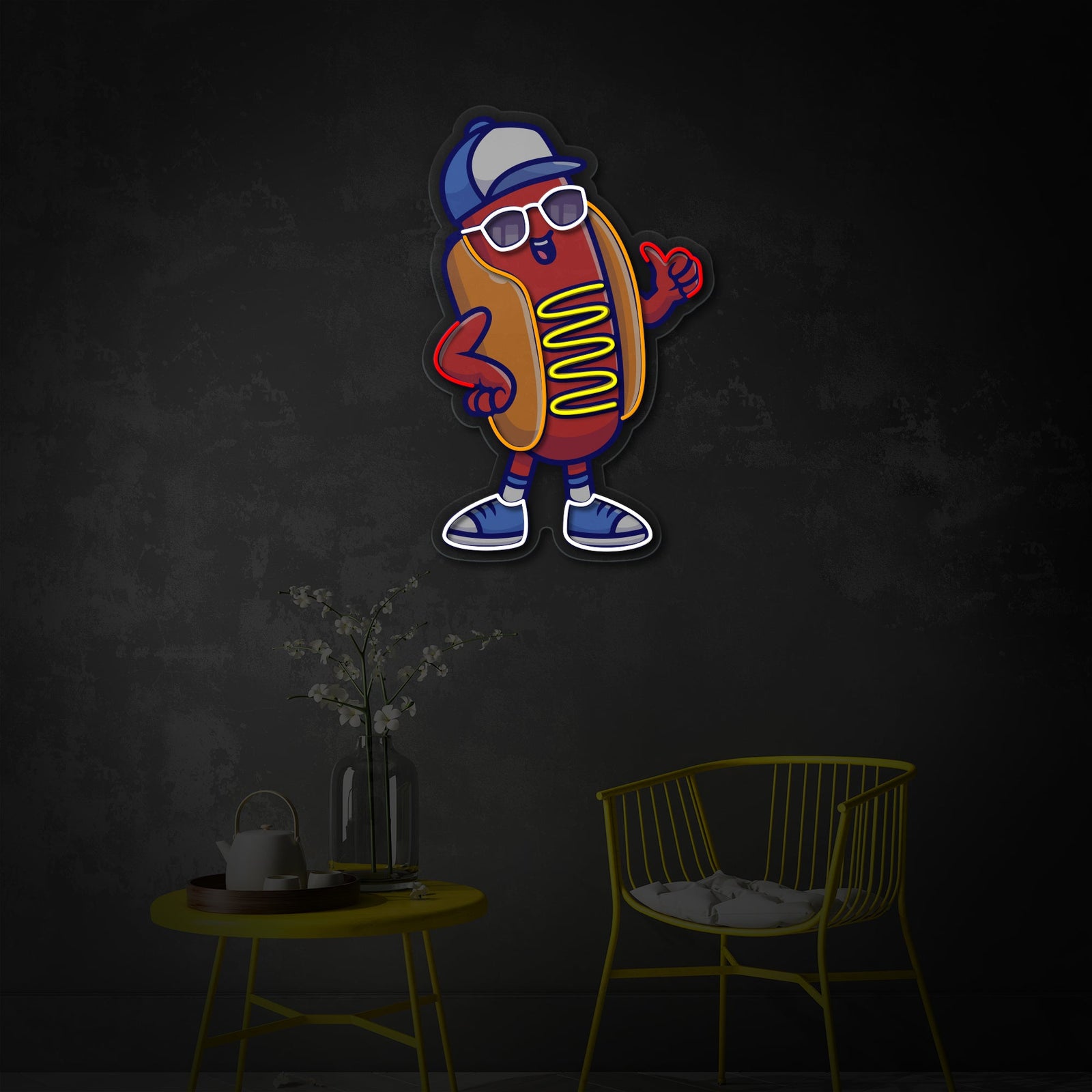 Mockup of the UV print hotdog neon sign illuminated in a bright, modern restaurant interior