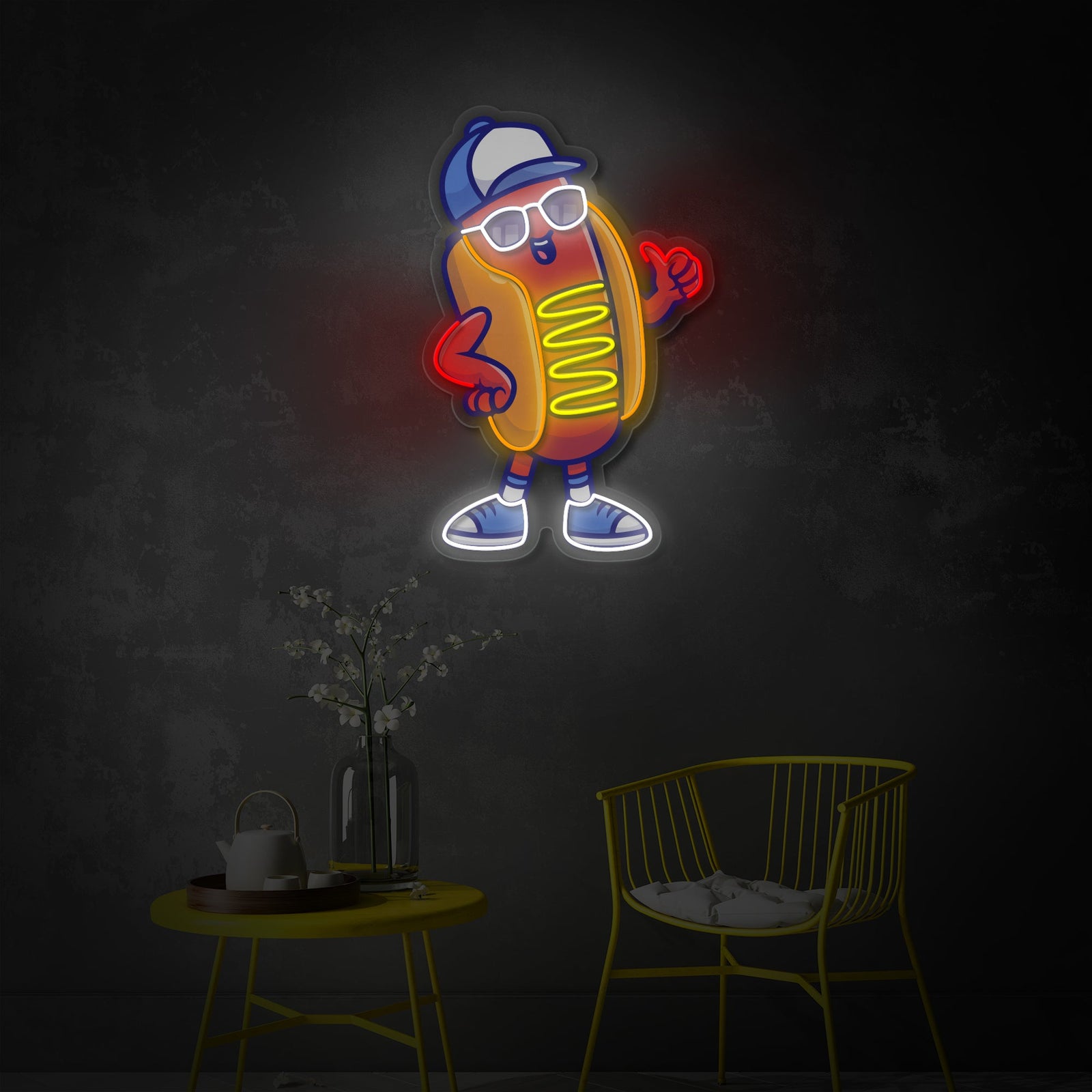 UV print neon sign graphic showing a cool cartoon hotdog wearing sunglasses and a hat