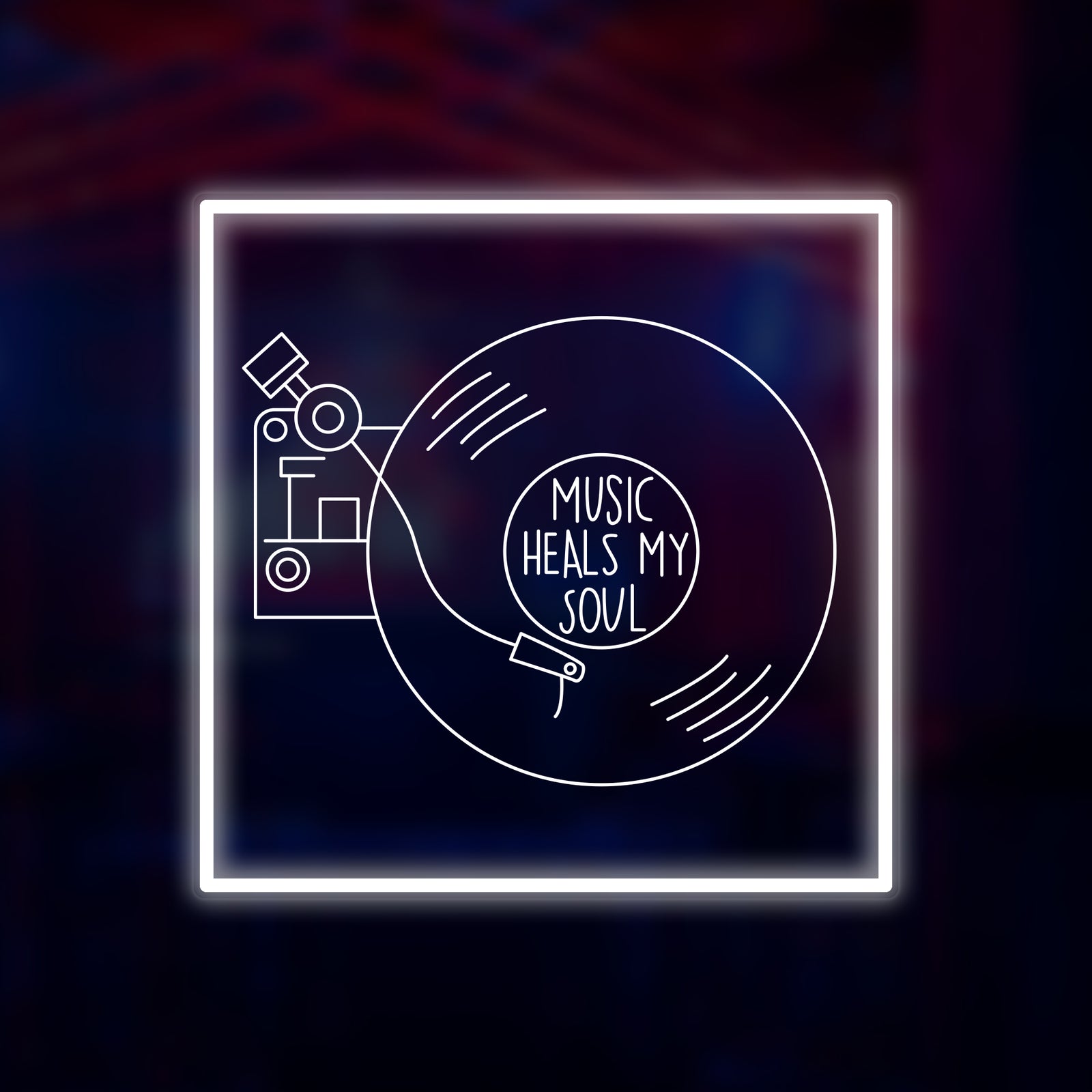 A glowing 'Music Heals My Soul' neon wall sign with a vinyl record design graphic and adjustable dimmer button.
