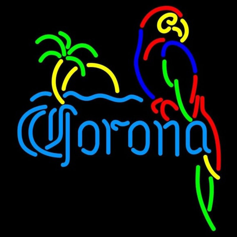 A detailed view of the Parrot with Palm Tree Beer Bar neon sign against a plain black background, showcasing the glowing tubes forming a parrot, palm trees, and beer glasses.