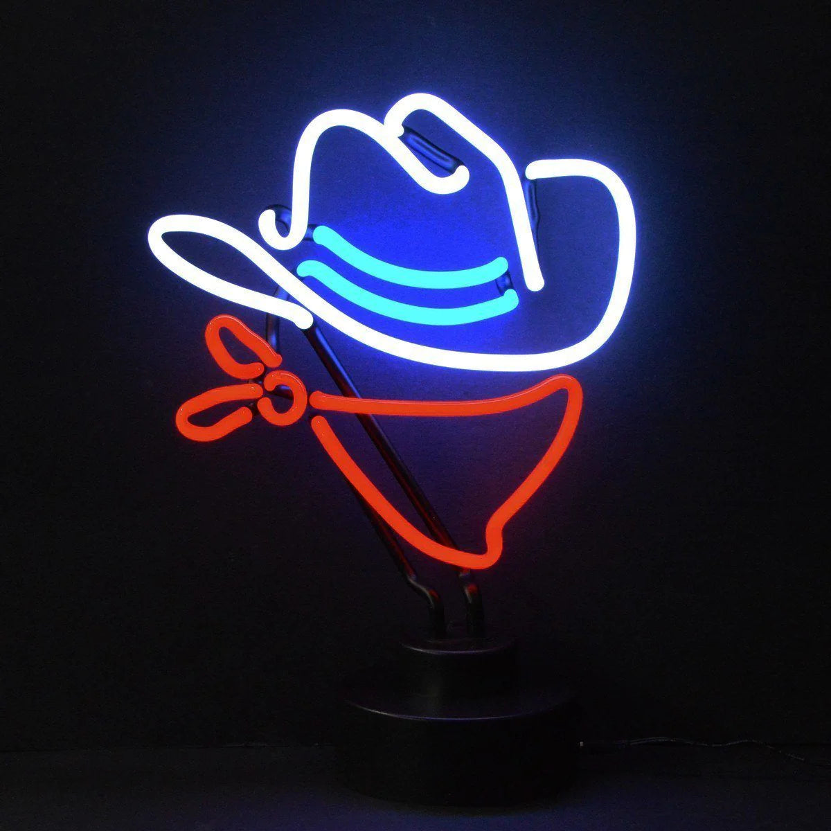 Real neon sign featuring a red cowboy hat and yellow cowboy boots glowing on a dark stand against a grey background.