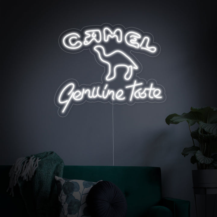 A studio product image of the camel logo neon sign against a plain dark wall, showcasing its bright glow and clear acrylic mounting.