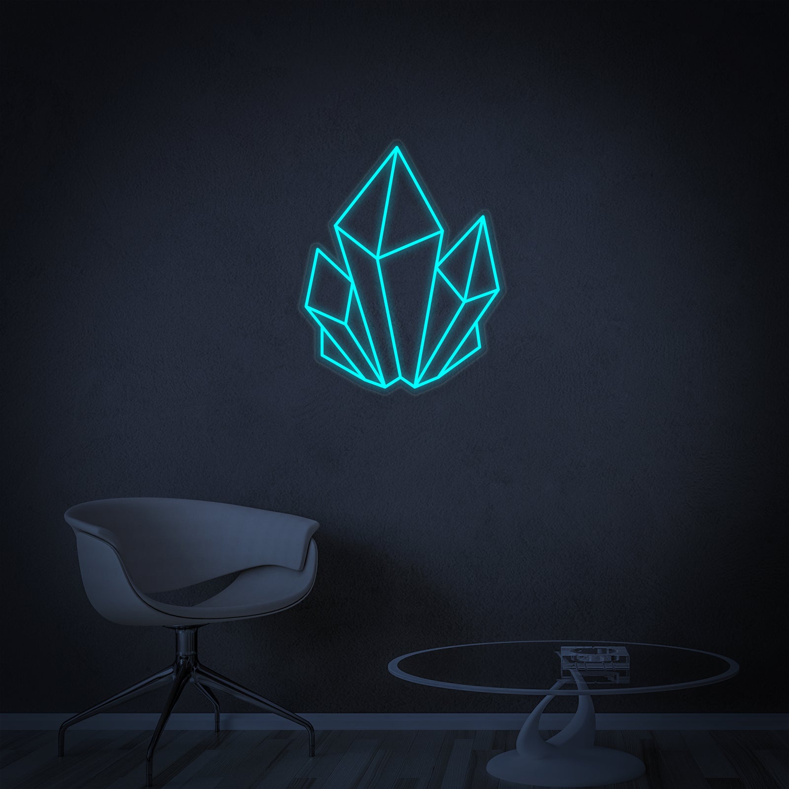A direct view of the 'Crystal' neon sign design, showing its glowing white lines and distinct shape.