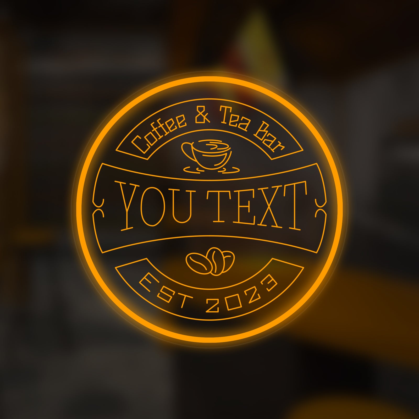 Digital rendering of the Custom COFFEE Bar mini neon sign design, featuring glowing white text and a coffee cup icon on a clear acrylic backing.