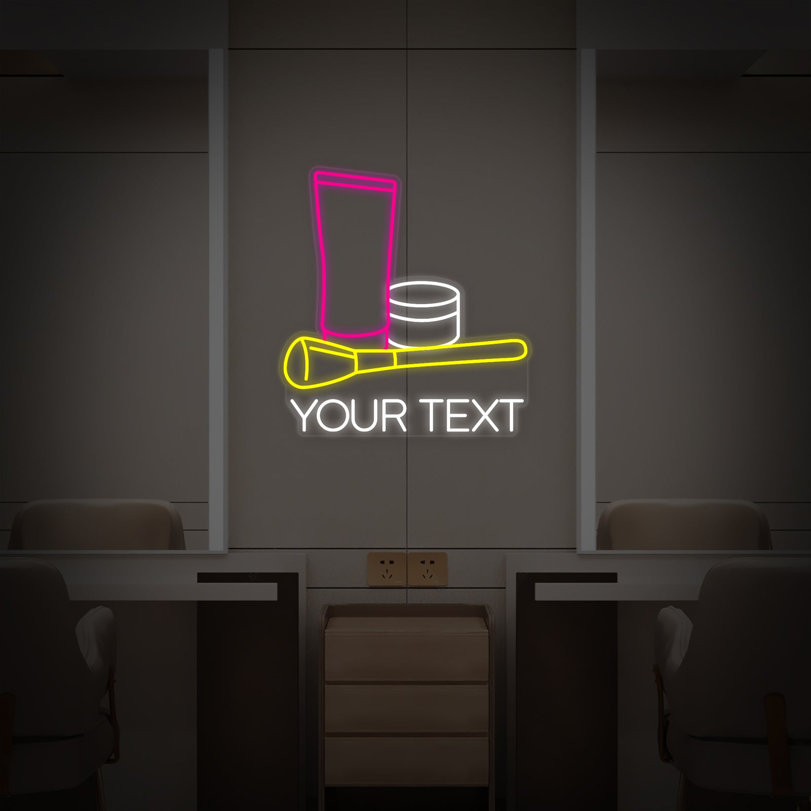 Close-up photograph of a custom 'Cosmetic Makeup Beauty Salon' neon sign, showing the detailed illuminated tubing, acrylic backing, and mounting hardware against a textured wall.