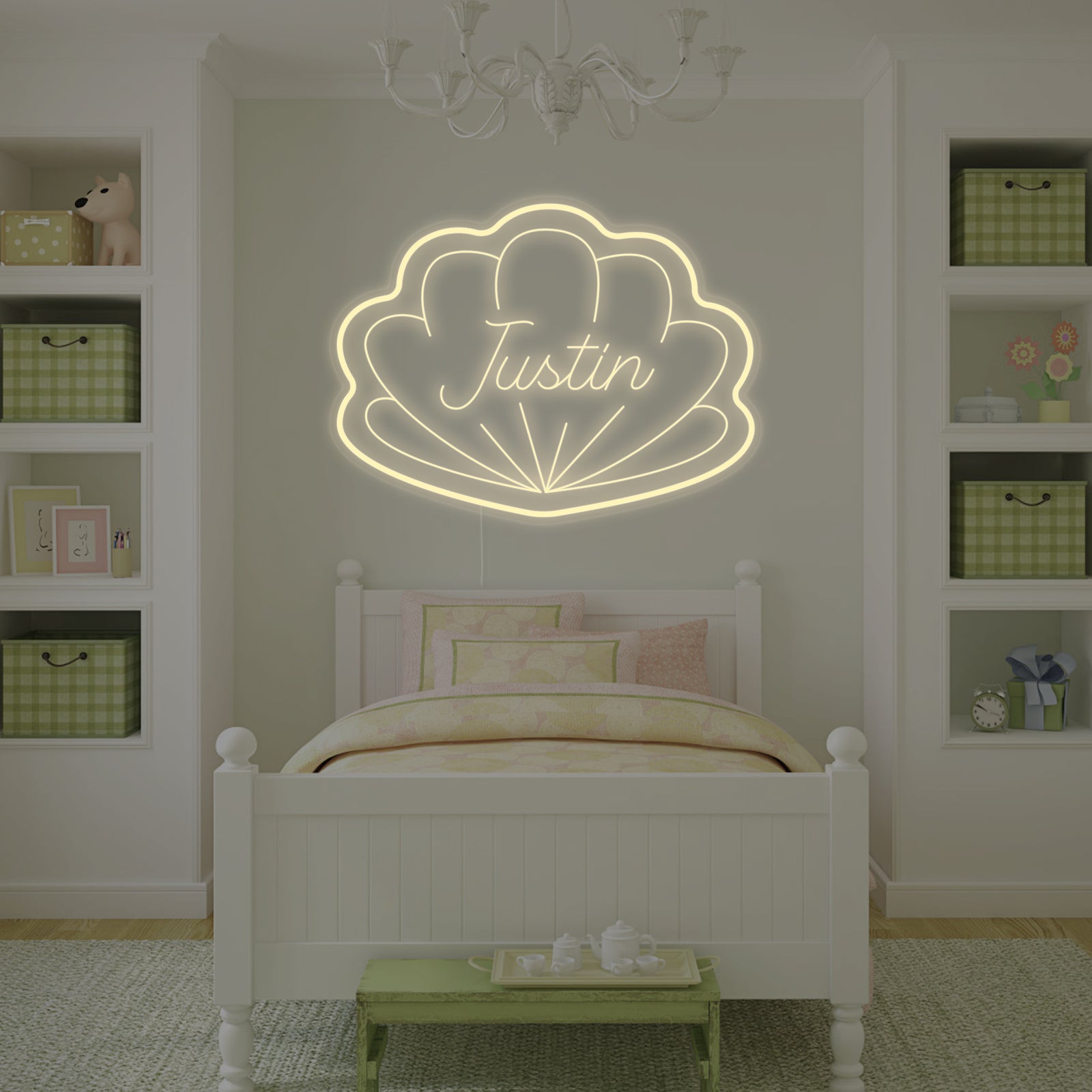 A personalized shell-shaped neon sign, featuring a custom name, displayed against a light background.